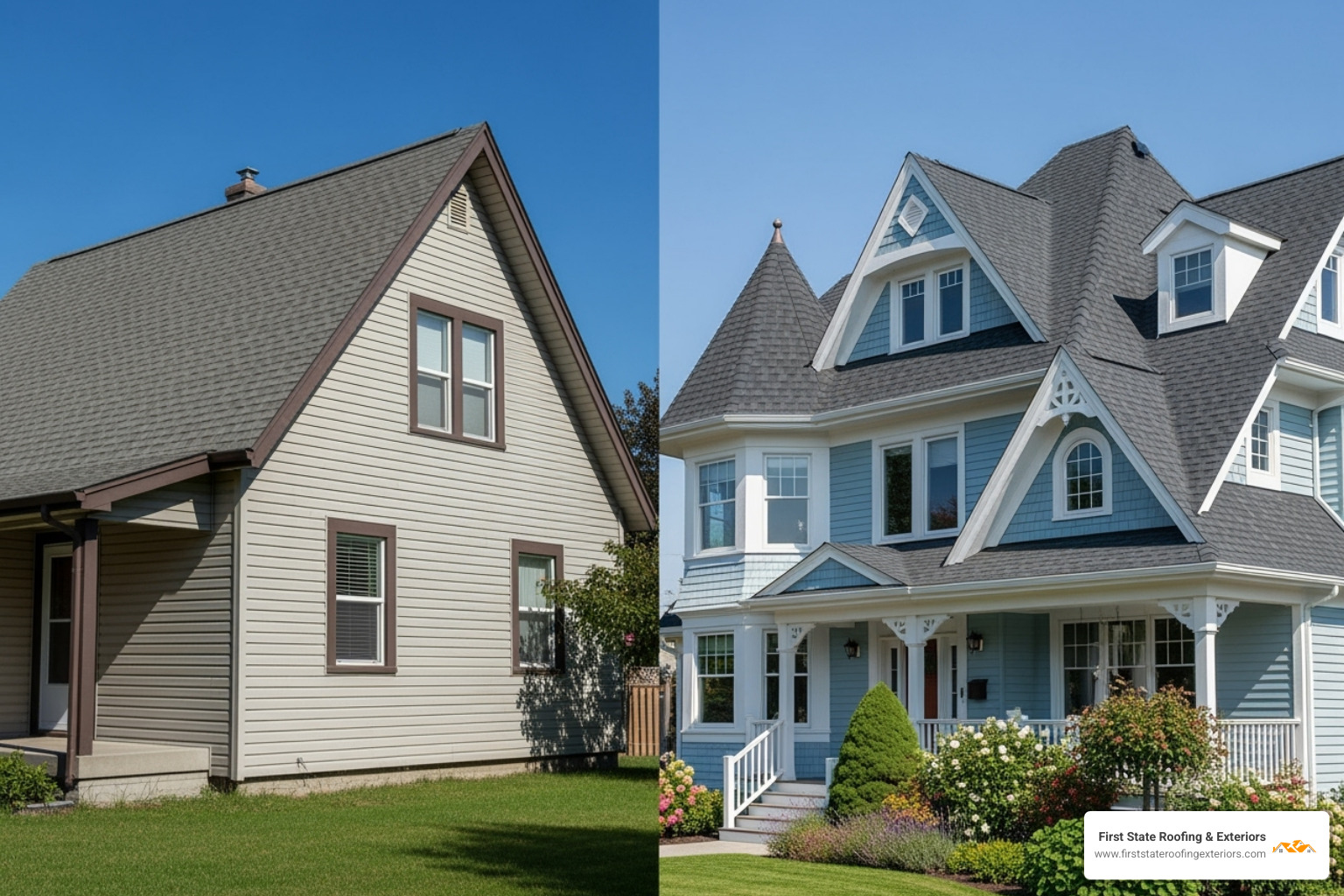 image illustrating the difference between a simple gable roof and a complex roof with dormers, valleys, and a steep pitch - roof change price