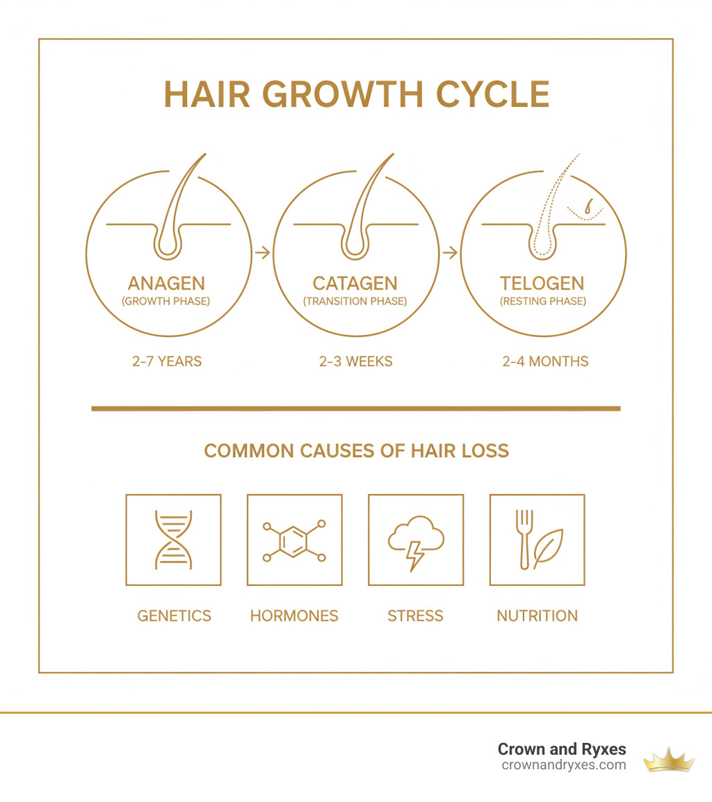 infographic showing hair growth cycle with three phases: Anagen growth phase lasting 2-7 years, Catagen transition phase lasting 2-3 weeks, and Telogen resting phase lasting 2-4 months, plus common causes of hair loss including genetics, hormones, stress, and nutrition - most effective hair treatment infographic 