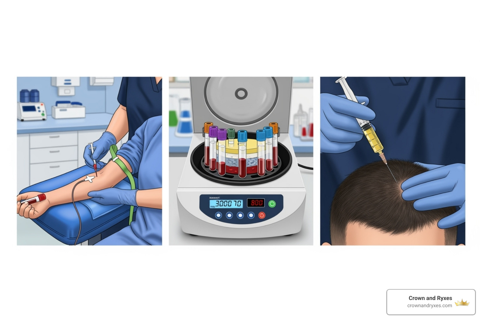diagram showing how a PRP procedure works, including blood draw, centrifugation, and injection - most effective hair treatment