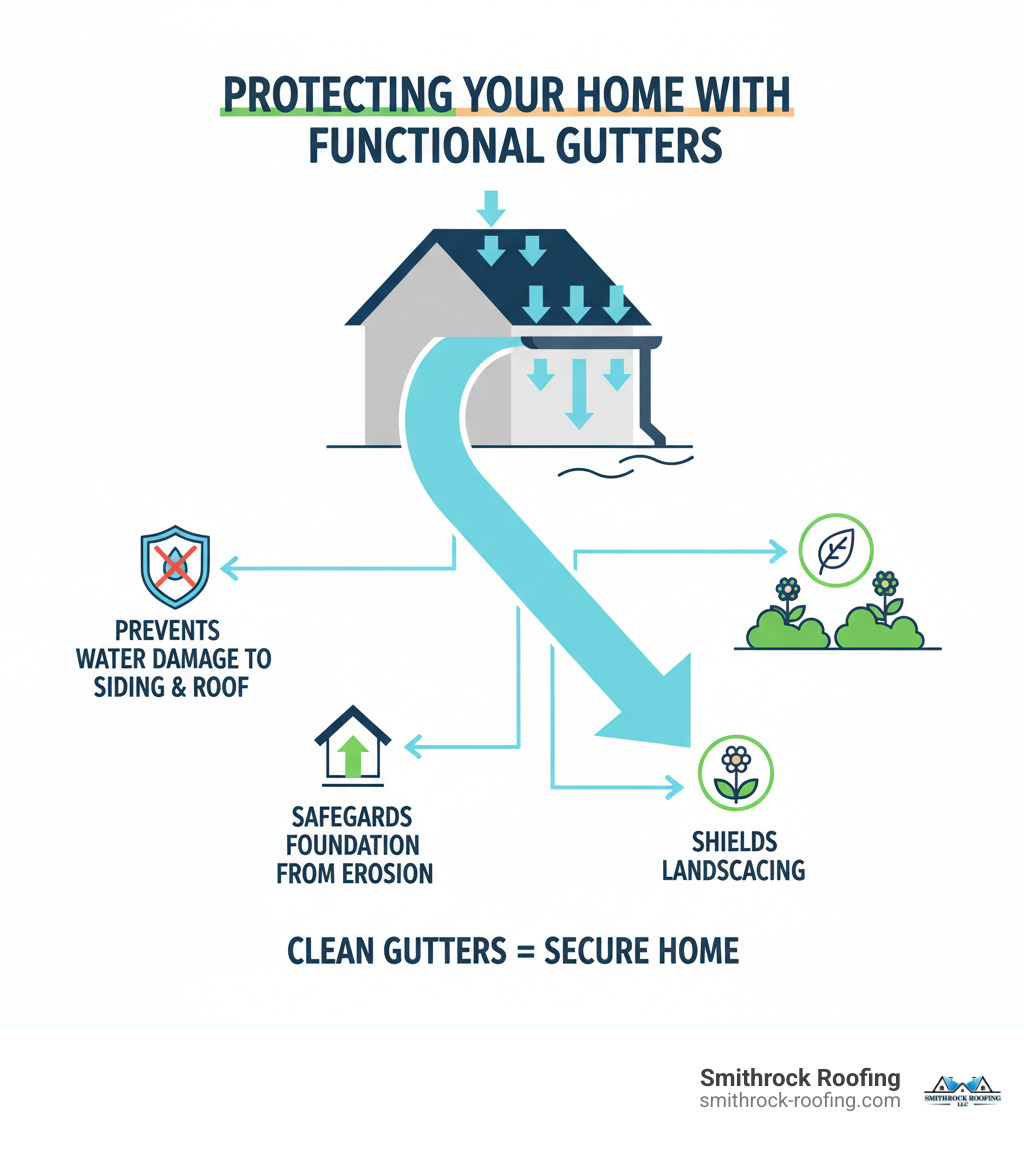 Infographic illustrating how functional gutters protect a home's key components: arrows showing water flowing from the roof into gutters and away from the foundation, siding, and landscaping, with icons representing prevention of water damage, erosion, and structural issues. - gutter repair Winston Salem infographic 