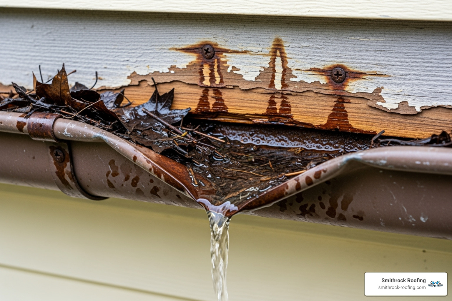 Sagging gutter with visible water stains on the fascia board behind it - gutter repair Winston Salem