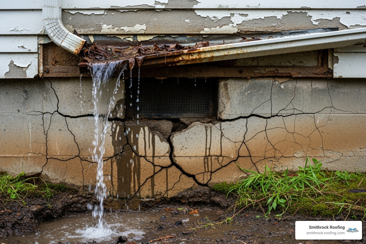 Home foundation with cracks and water damage due to faulty gutters - gutter repair Winston Salem