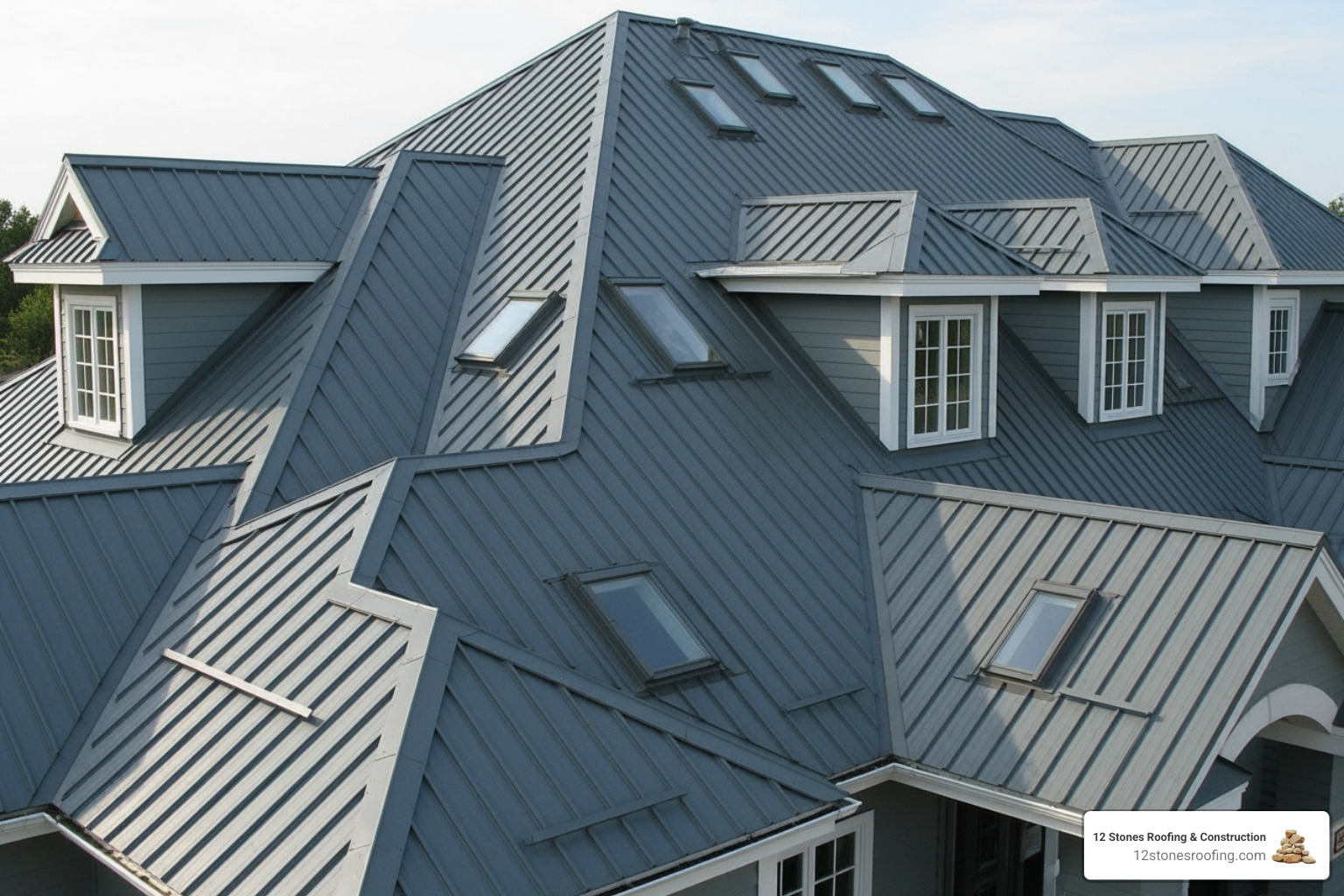 A complex roof with multiple valleys and dormers, illustrating a job for a professional roofing contractor. - corrugated metal roof installation A complex roof with multiple valleys and dormers, illustrating a job for a professional roofing contractor. - corrugated metal roof installation