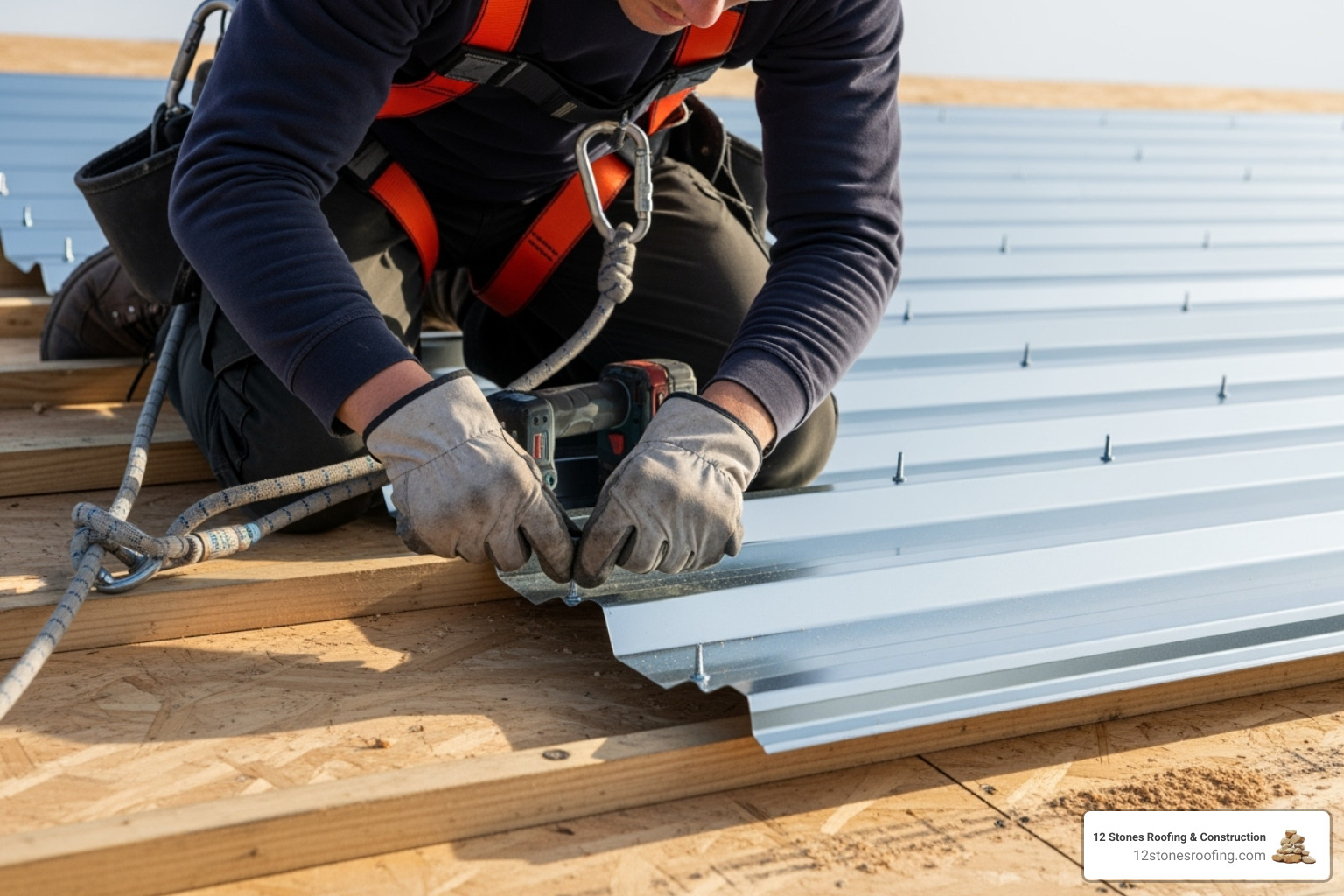 A person safely fastening a corrugated metal panel to a roof deck, wearing a safety harness and gloves. - corrugated metal roof installation A person safely fastening a corrugated metal panel to a roof deck, wearing a safety harness and gloves. - corrugated metal roof installation