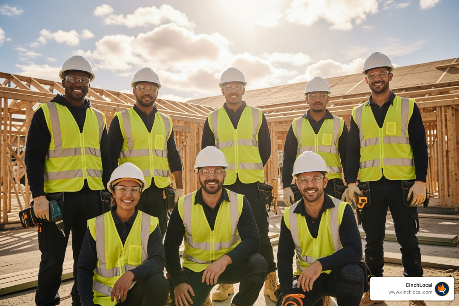 Team of electricians and roofers, smiling on a job site, with a 