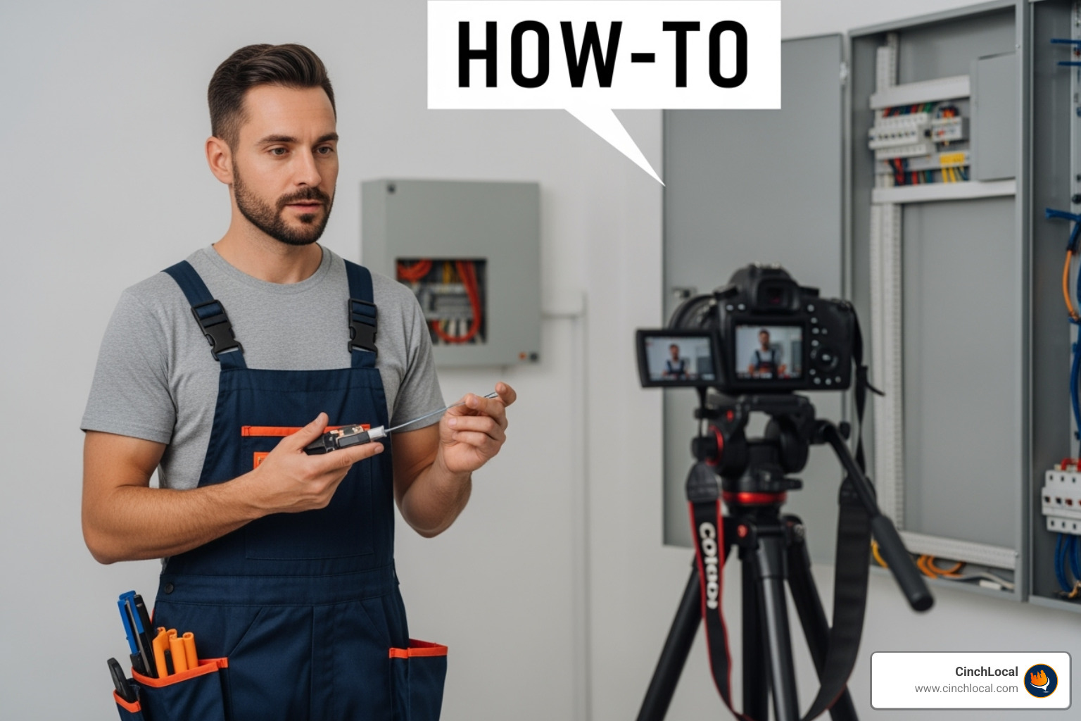 Electrician filming a how-to video for a YouTube channel, with video marketing stats overlay. - digital marketing for electricians