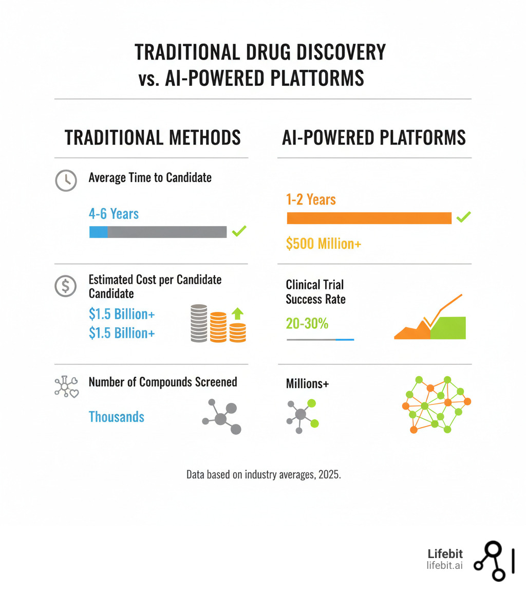 Table comparing Traditional vs. AI-Powered Findy on key metrics: Average Time to Candidate, Estimated Cost per Candidate, Clinical Trial Success Rate, and Number of Compounds Screened - AI drug discovery software infographic Table comparing Traditional vs. AI-Powered Findy on key metrics: Average Time to Candidate, Estimated Cost per Candidate, Clinical Trial Success Rate, and Number of Compounds Screened - AI drug discovery software infographic