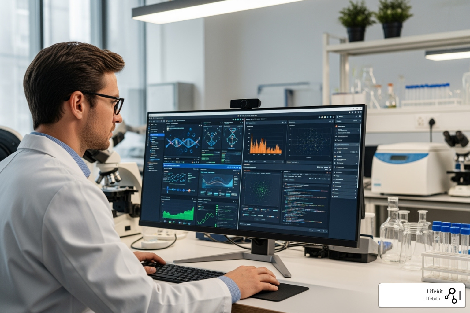 scientist evaluating different software interfaces on a split-screen monitor - AI drug discovery software scientist evaluating different software interfaces on a split-screen monitor - AI drug discovery software