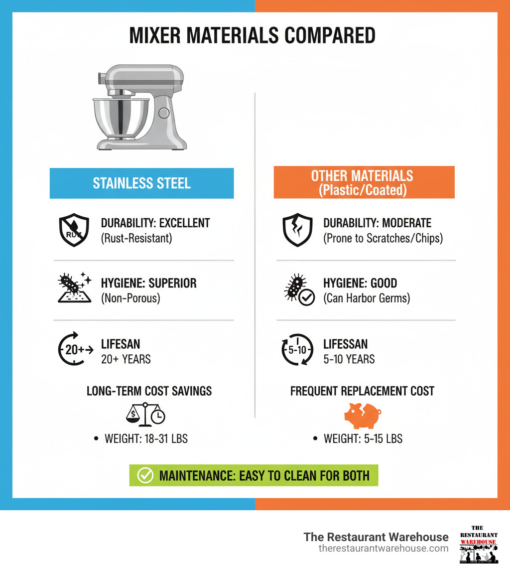 Infographic comparing stainless steel stand mixers to other materials, showing durability ratings, hygiene scores, typical lifespan (20+ years for stainless steel vs 5-10 years for plastic), weight ranges (18-31 lbs), and maintenance requirements. Includes icons showing rust resistance, bacteria prevention, and long-term cost savings. - Stainless steel stand mixer infographic 