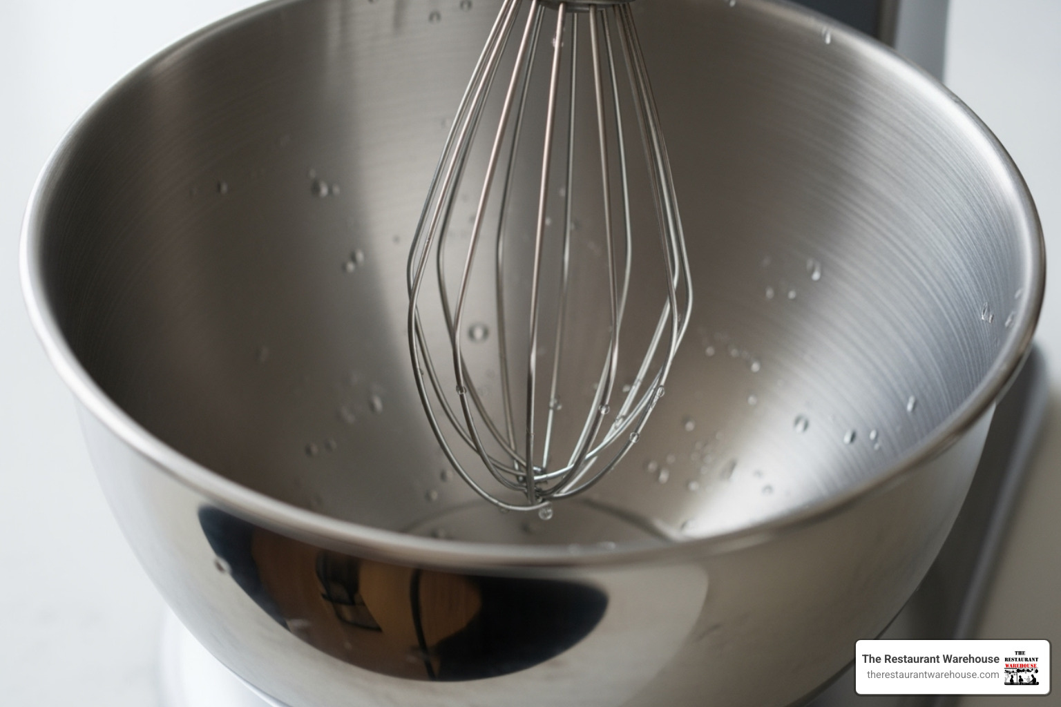 close-up of a polished stainless steel mixing bowl with a stainless steel whisk attachment inside - Stainless steel stand mixer
