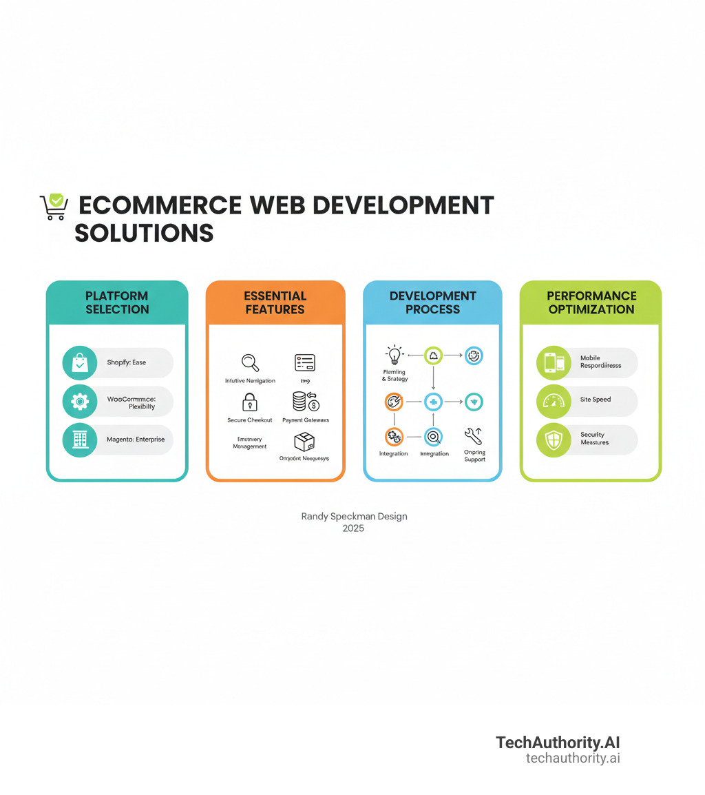 Infographic showing the key components of successful ecommerce web development solutions: Platform Selection (Shopify for ease, WooCommerce for flexibility, Magento for enterprise), Essential Features (intuitive navigation, secure checkout, payment gateways, inventory management), Development Process (planning and strategy, custom design, integration, testing, ongoing support), and Performance Optimization (mobile responsiveness, site speed, SEO integration, security measures) - ecommerce web development solutions infographic 