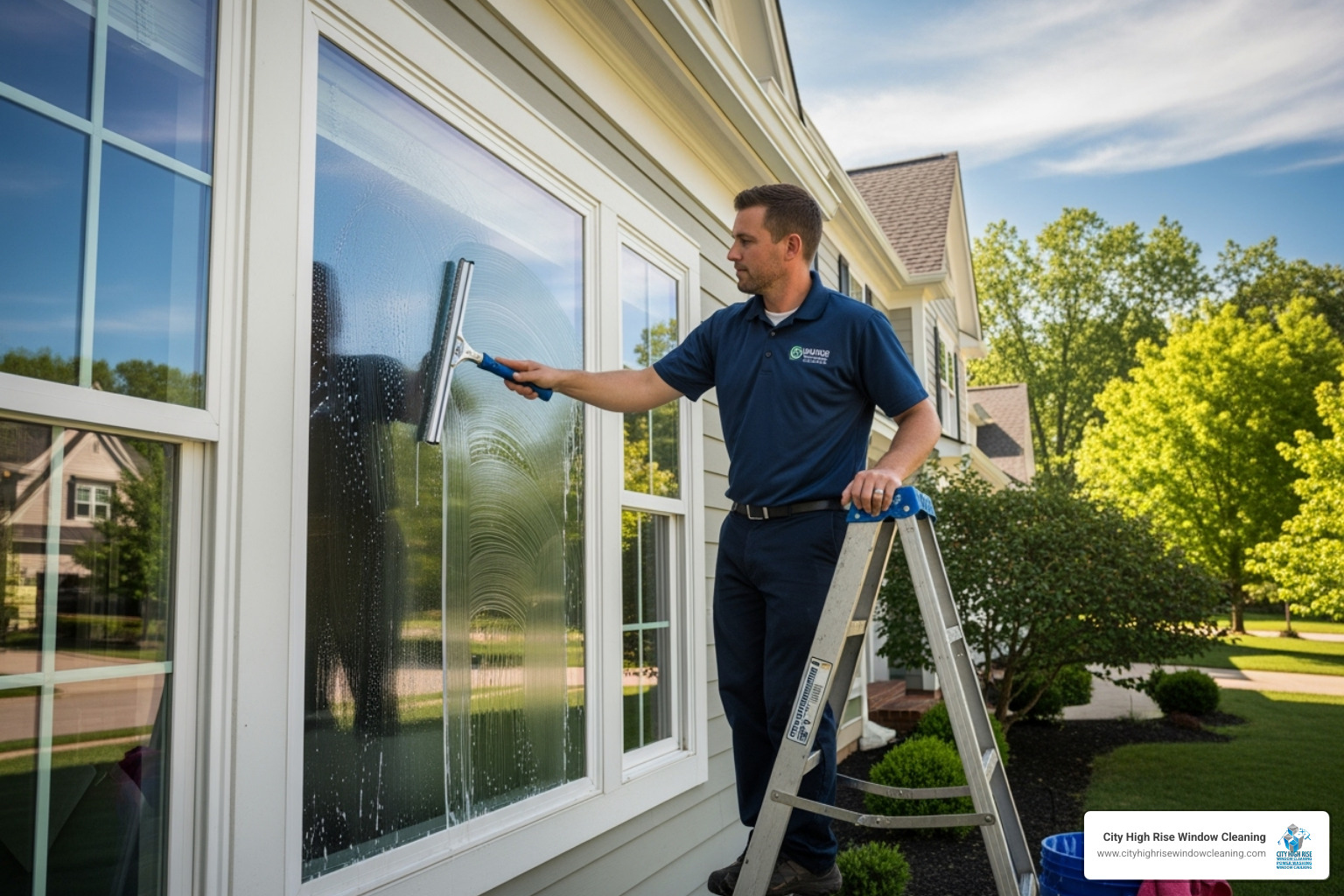 professional window cleaner using a squeegee on a large window - residential window cleaning services professional window cleaner using a squeegee on a large window - residential window cleaning services