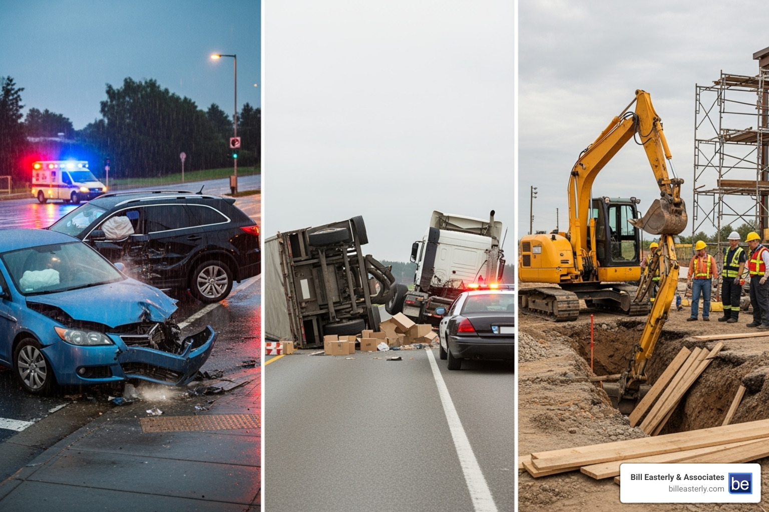 Various accident scenes including a car crash, truck accident, and construction site - Nashville injury law firm