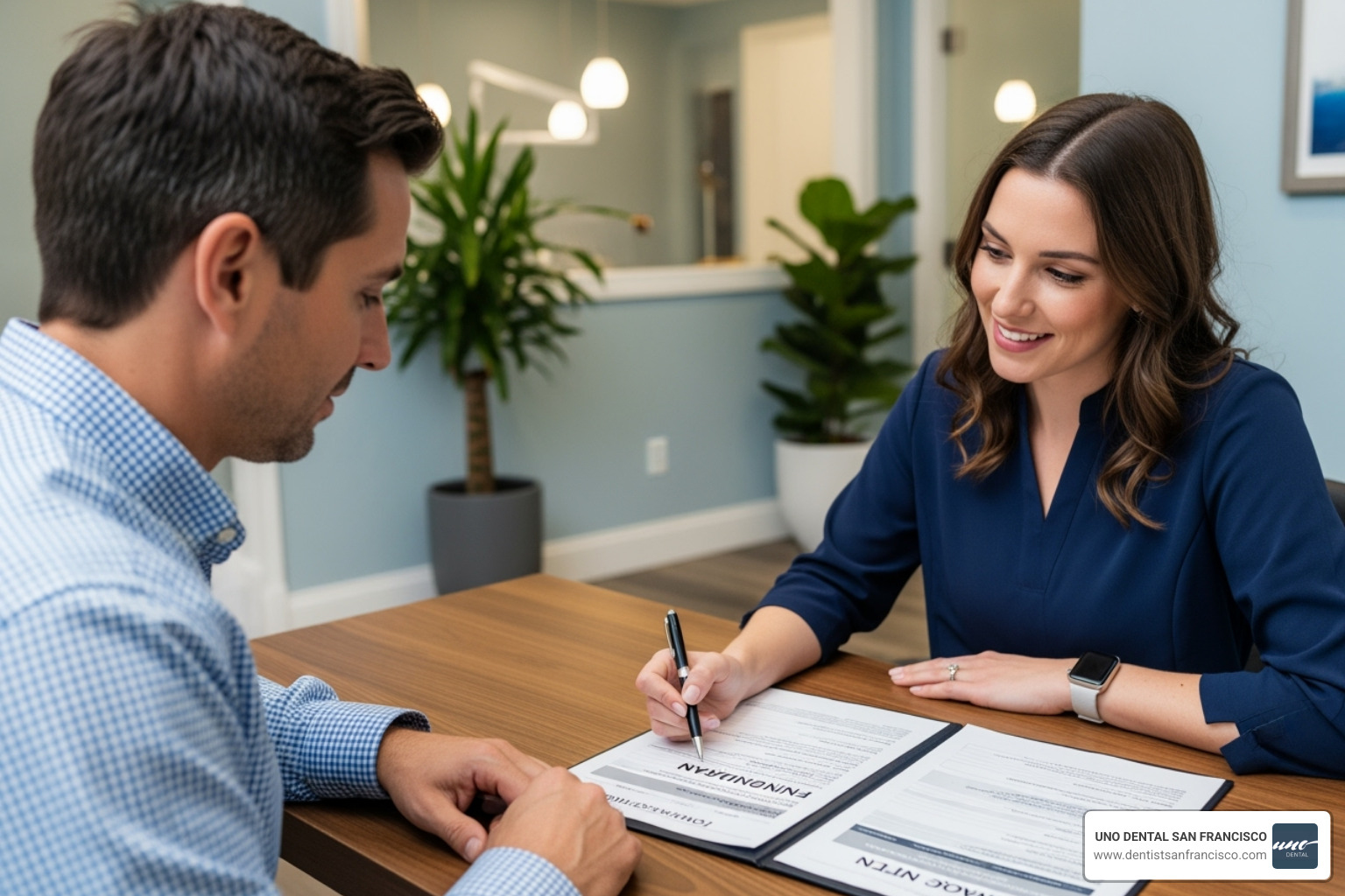 A patient reviewing a detailed financing plan for dental implants with a friendly dental office coordinator, highlighting clear communication and flexible payment options. - Affordable dental implants