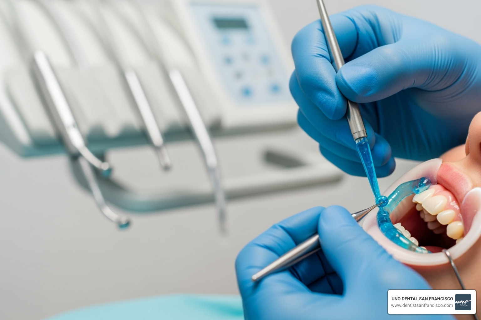 Image showing a dentist applying a protective barrier to a patient's gums before whitening treatment - is teeth whitening safe