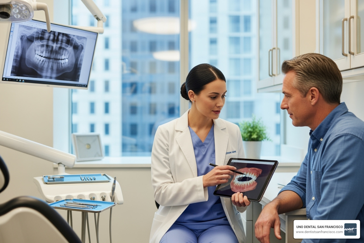 Image of a dentist and patient discussing a treatment plan in a modern dental office - is teeth whitening safe