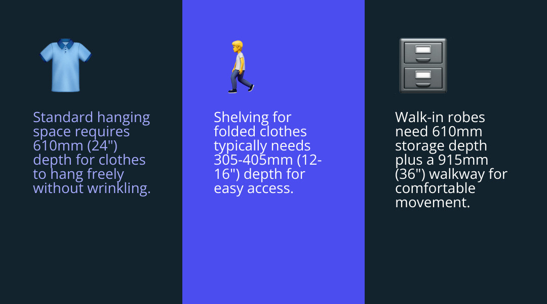 Infographic showing standard depth requirements for built-in bedroom closets, including hanging space at 610mm, shelving depths from 305-610mm depending on item type, and drawer depths from 380-610mm with visual representations of each measurement - bedroom builtin closet depth infographic 3_facts_emoji_blue