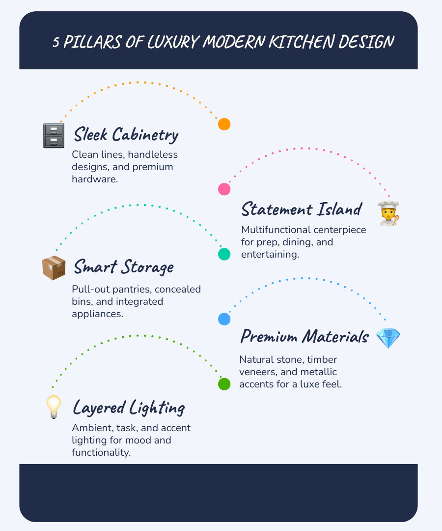 Infographic showing the five pillars of luxury modern kitchen design: 1. Sleek Cabinetry with clean lines and quality hardware, 2. Statement Island as a multifunctional centrepiece, 3. Smart Storage featuring pull-out pantries and concealed solutions, 4. Premium Materials including stone benchtops and timber veneers, 5. Layered Lighting combining ambient, task, and accent sources - luxury modern kitchen design infographic infographic-line-5-steps-blues-accent_colors Infographic showing the five pillars of luxury modern kitchen design: 1. Sleek Cabinetry with clean lines and quality hardware, 2. Statement Island as a multifunctional centrepiece, 3. Smart Storage featuring pull-out pantries and concealed solutions, 4. Premium Materials including stone benchtops and timber veneers, 5. Layered Lighting combining ambient, task, and accent sources - luxury modern kitchen design infographic infographic-line-5-steps-blues-accent_colors