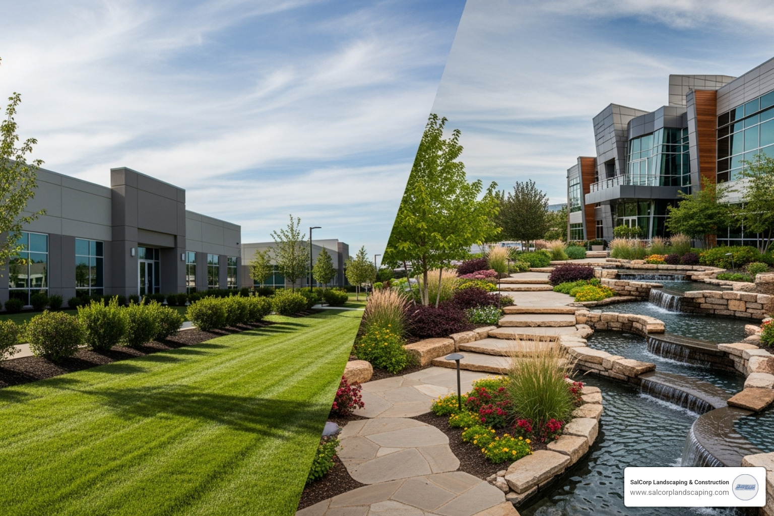 comparing a simple, clean commercial landscape with a high-end design featuring hardscaping and water features - cost of commercial landscaping