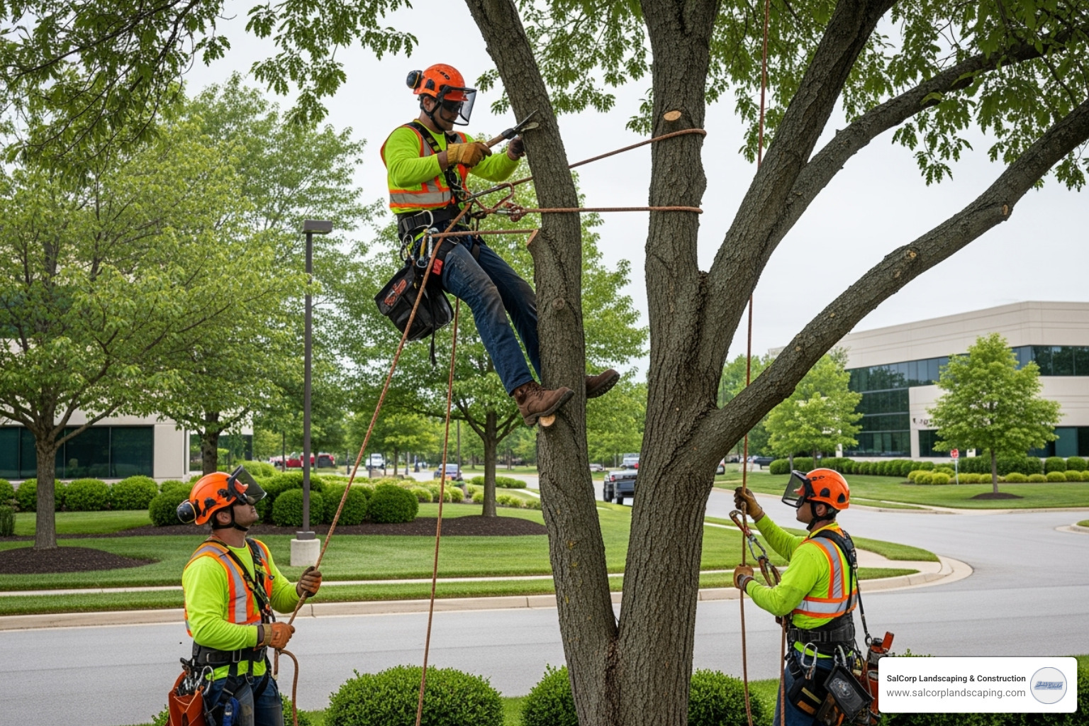 professional crew performing tree pruning - cost of commercial landscaping