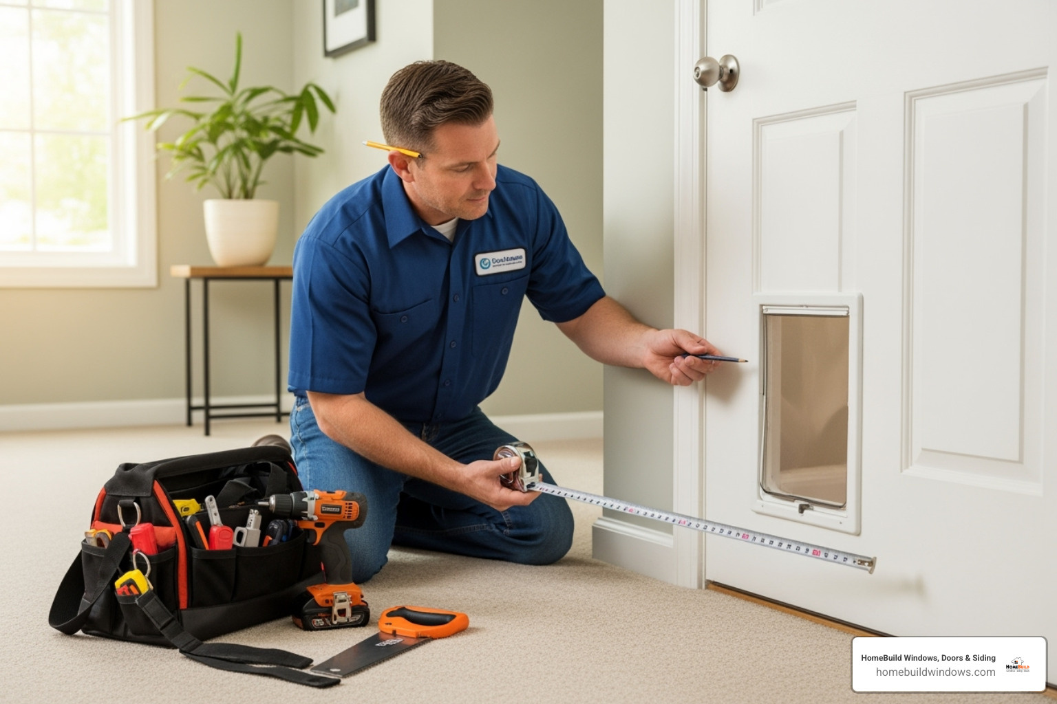 professional installer measuring a door for a pet door cutout - pet door installation near me