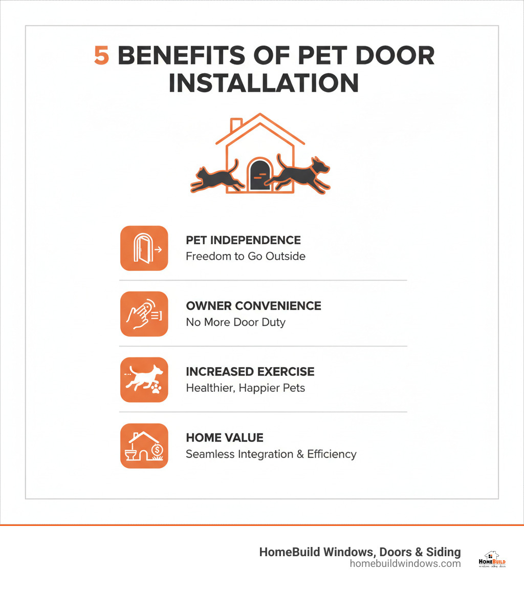 Infographic showing the top 5 benefits of pet door installation: 1. Pet Independence - Freedom to go outside without waiting, 2. Owner Convenience - No more constant door duty, 3. Increased Exercise - More outdoor access means healthier pets, 4. Reduced Accidents - Fewer indoor mishaps when pets can access the yard, 5. Home Value - Modern pet doors integrate seamlessly without compromising aesthetics or energy efficiency - pet door installation near me infographic 