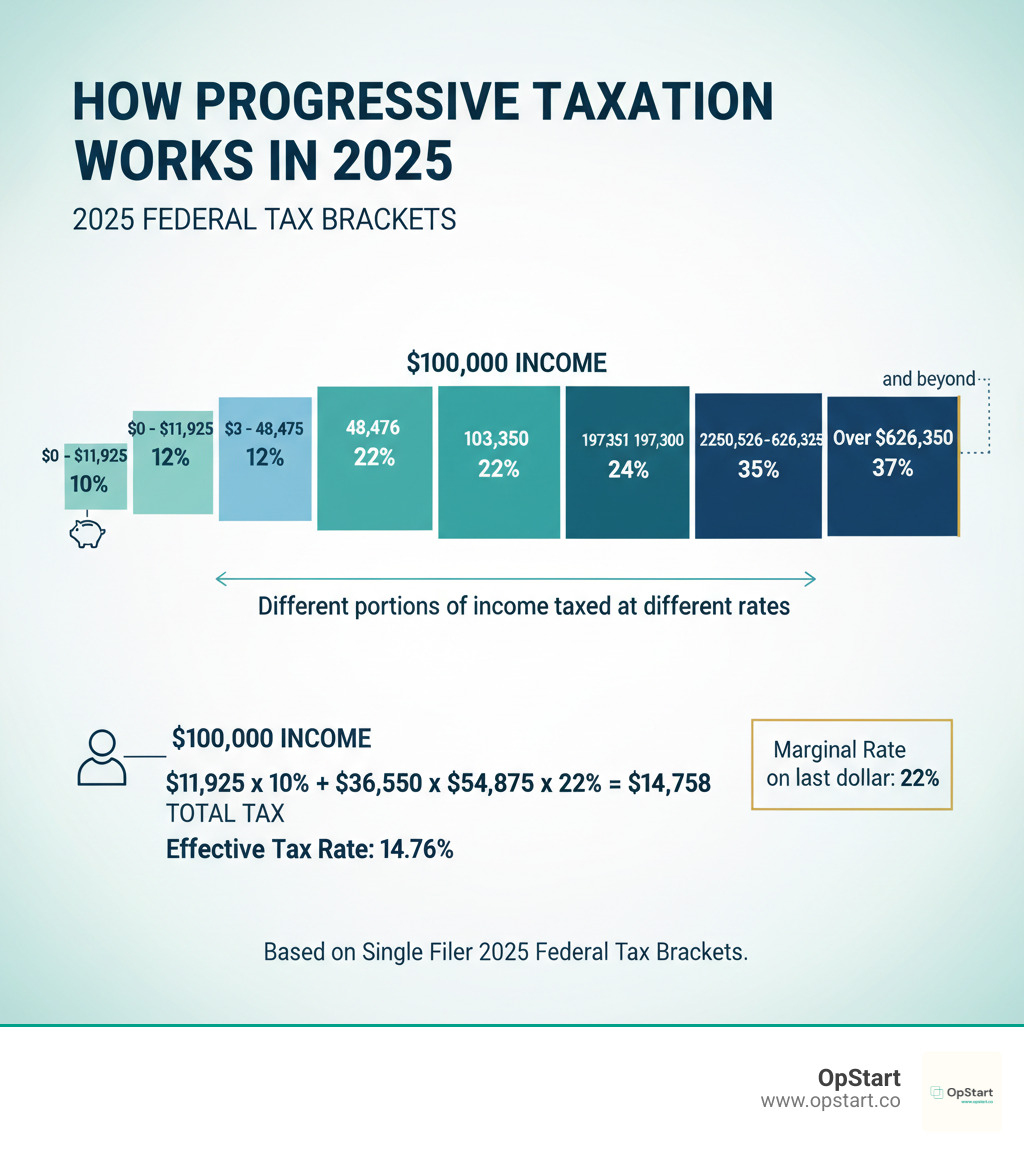 infographic showing how progressive taxation works with seven marginal tax rates applied to different income tiers, illustrating that a taxpayer earning $100,000 pays different rates on different portions of their income rather than one flat rate - 2025 federal tax brackets infographic 