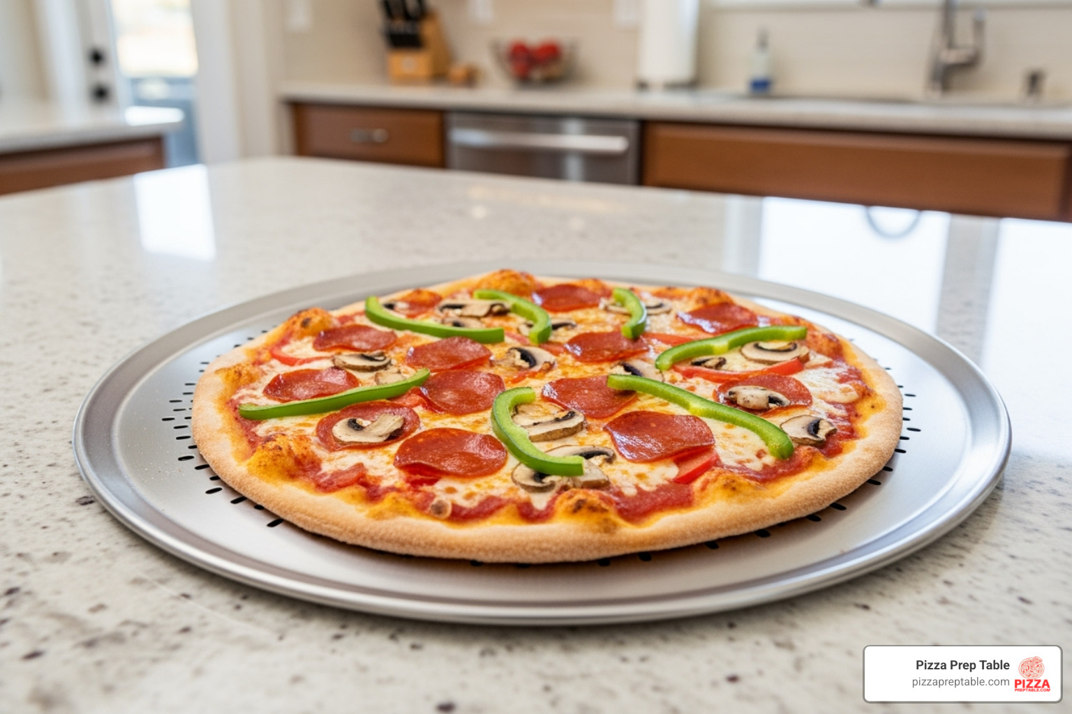 A Pizza Prep Table stainless steel pizza screen on a home kitchen counter with a pizza - pizza screen stainless steel