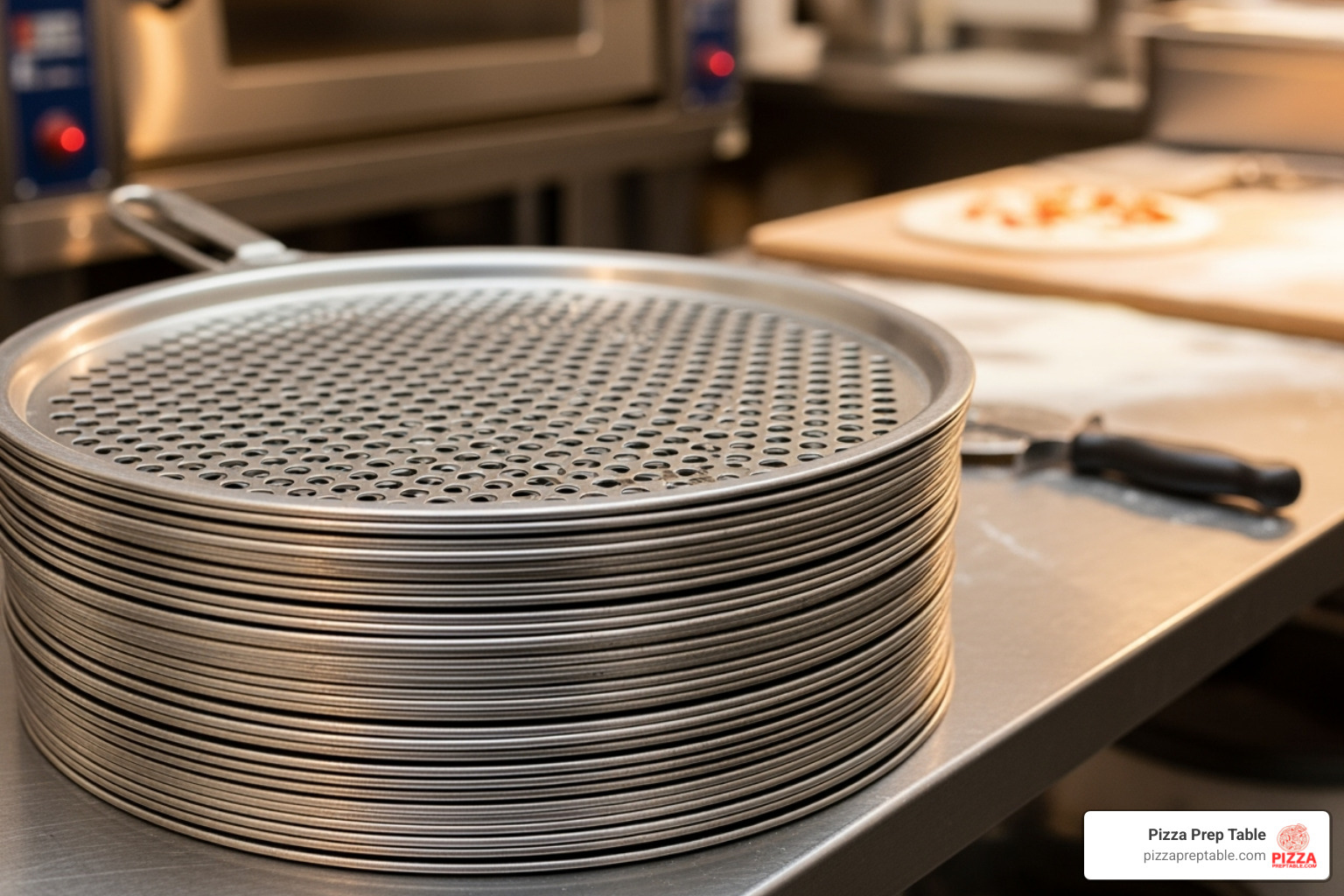 A stack of heavy-duty stainless steel pizza screens in a commercial pizza kitchen - pizza screen stainless steel