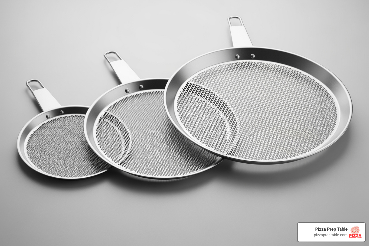 Three different stainless steel pizza screens side-by-side - pizza screen stainless steel