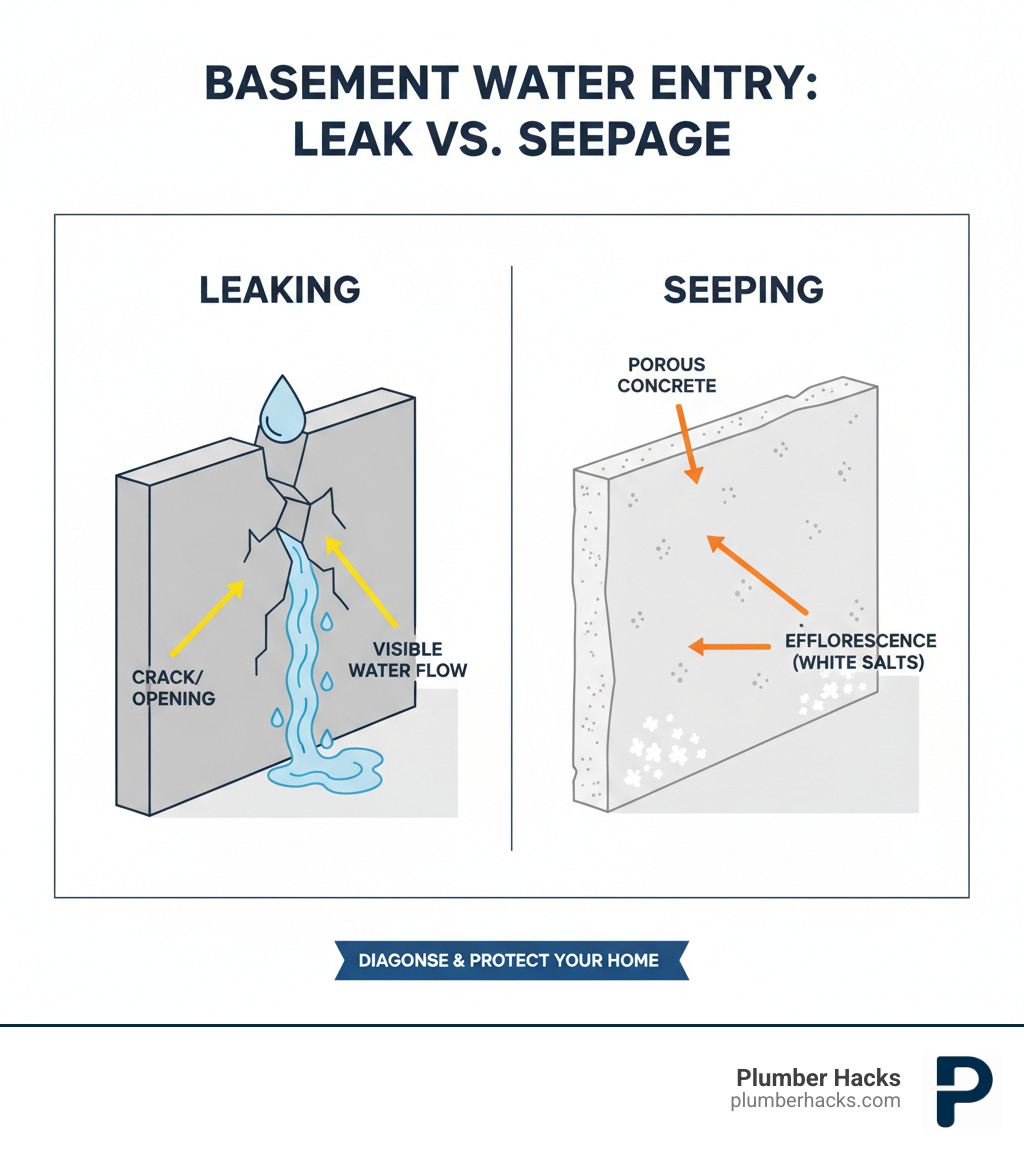 Infographic showing the difference between water leaking through an opening like a crack versus water seeping through porous concrete, with visual indicators like efflorescence for seepage and visible water flow for leaking - Basement water leak infographic 