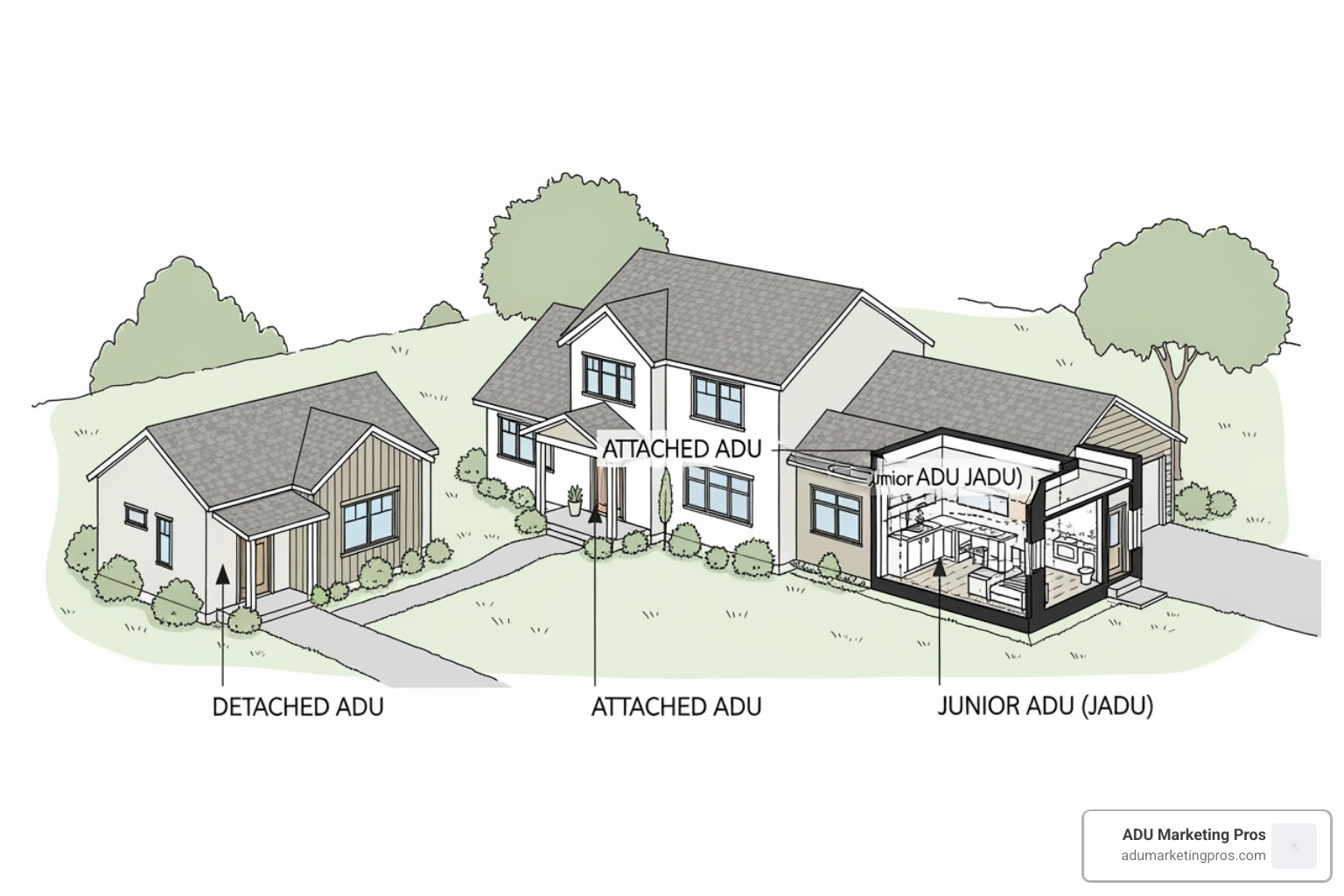 diagram illustrating detached adu, attached adu, and jadu - san diego adu parking requirements