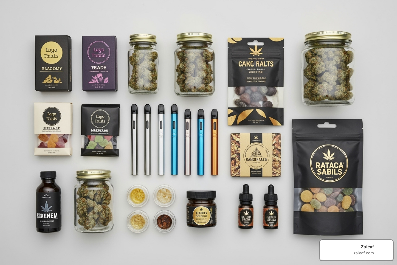 flat-lay arrangement of Zaleaf cannabis products - fast cannabis delivery