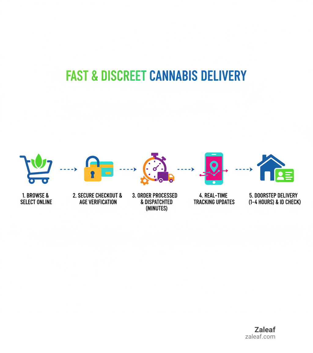 Infographic showing the fast cannabis delivery process: 1) Browse online menu and select products, 2) Complete secure checkout with age verification, 3) Order processed and dispatched within minutes, 4) Real-time tracking updates, 5) Discreet delivery to your door in 1-4 hours with ID verification upon arrival - fast cannabis delivery infographic 