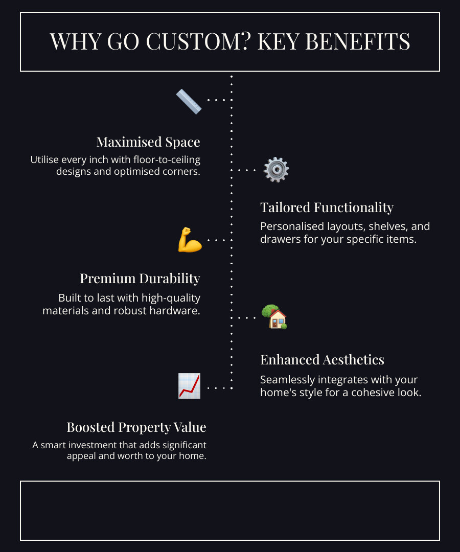 Infographic showing key benefits of custom storage cupboards: maximised space utilisation with floor-to-ceiling designs, personalised layouts for specific storage needs, premium materials and hardware for durability, seamless integration with home aesthetics, and increased property value compared to off-the-shelf alternatives - Custom storage cupboards infographic infographic-line-5-steps-dark