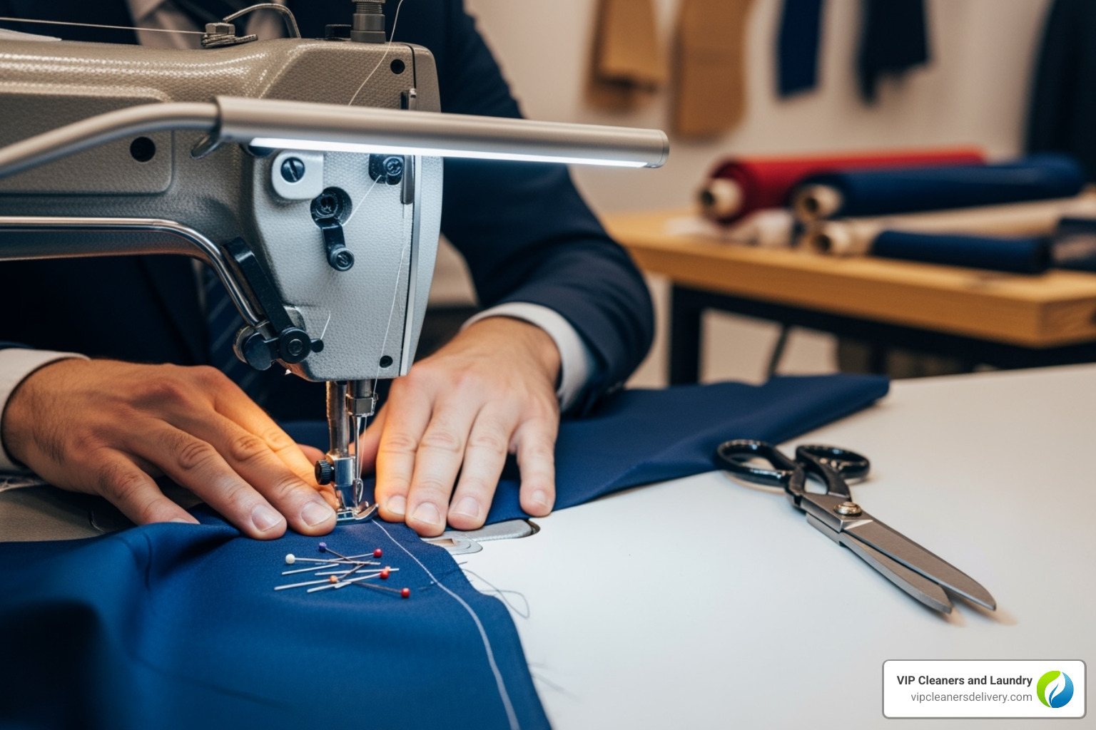 A tailor's hands quickly working on a sewing machine, demonstrating speed and precision - urgent tailoring near me