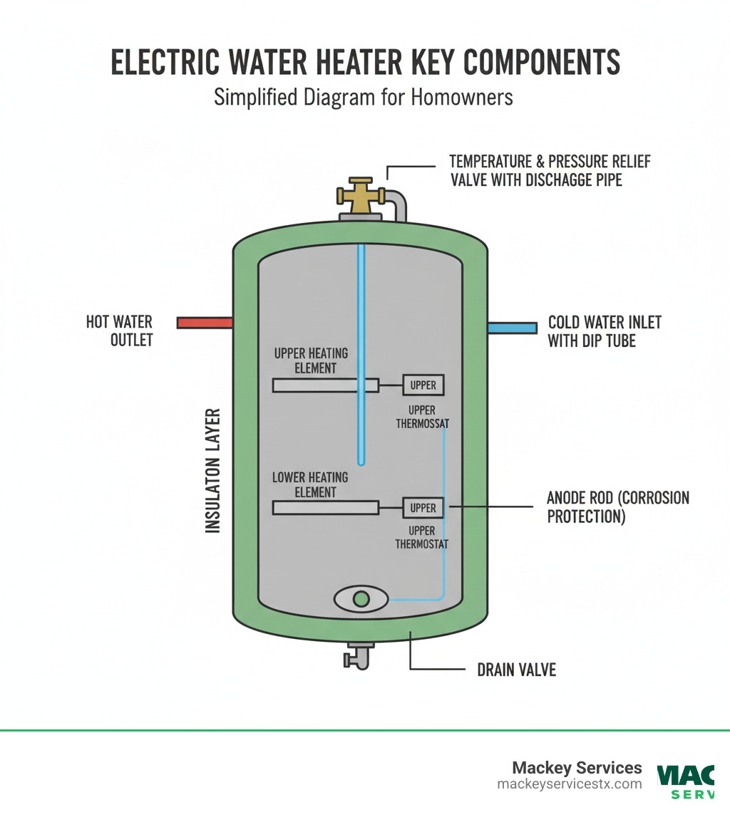 Infographic showing the key components of an electric water heater including upper and lower heating elements, thermostats, anode rod for corrosion protection, temperature and pressure relief valve with discharge pipe, drain valve at the base, cold water inlet with dip tube, hot water outlet, and insulation layer surrounding the tank - replacing an electric water heater infographic Infographic showing the key components of an electric water heater including upper and lower heating elements, thermostats, anode rod for corrosion protection, temperature and pressure relief valve with discharge pipe, drain valve at the base, cold water inlet with dip tube, hot water outlet, and insulation layer surrounding the tank - replacing an electric water heater infographic