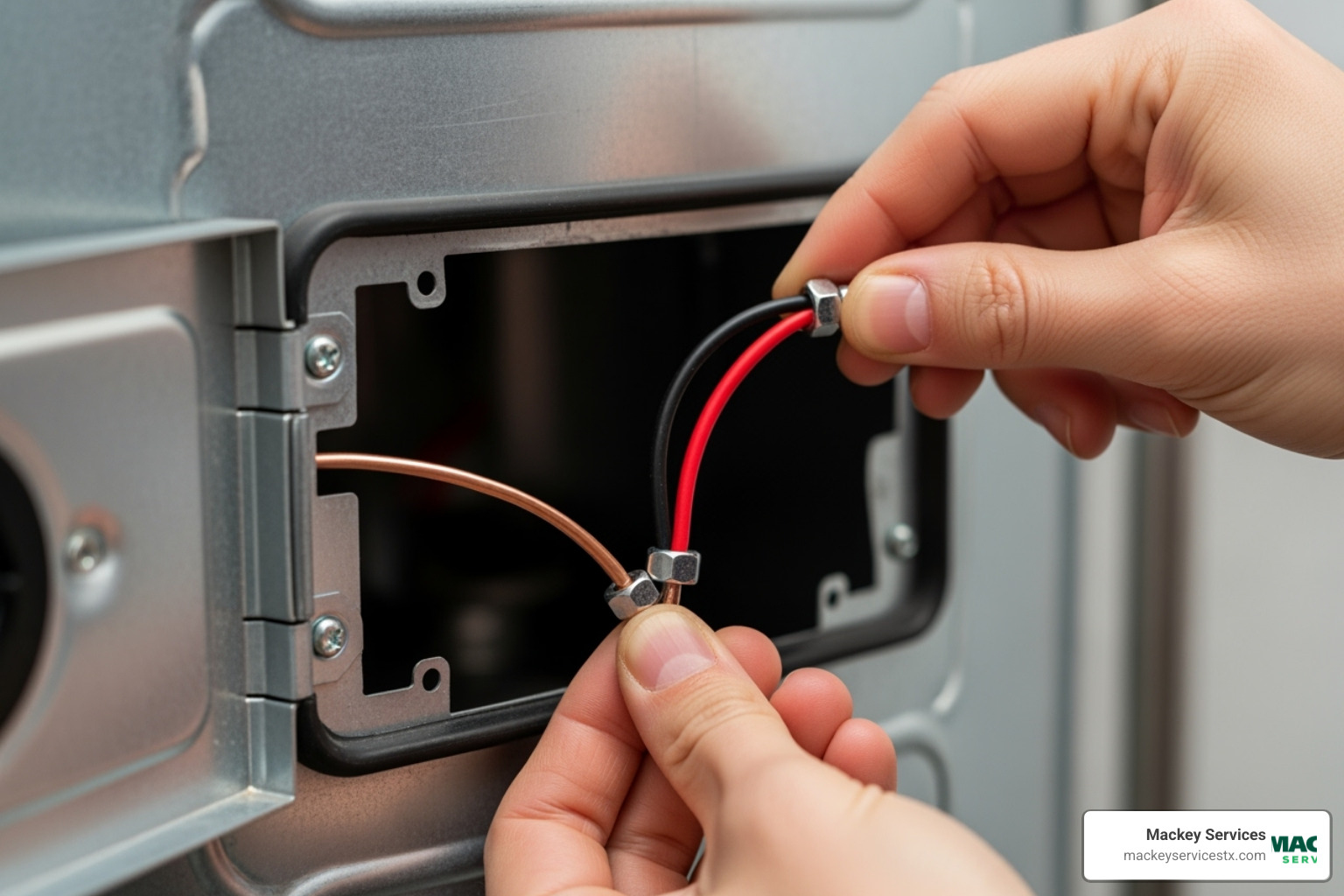 The electrical access panel on an electric water heater with wires being connected, showing the ground wire and hot/neutral wires - replacing an electric water heater The electrical access panel on an electric water heater with wires being connected, showing the ground wire and hot/neutral wires - replacing an electric water heater
