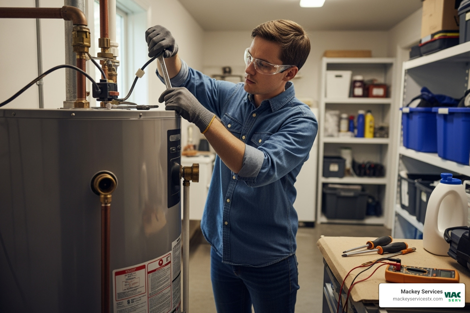 A homeowner safely working on a water heater with proper tools, emphasizing safety glasses and gloves - replacing an electric water heater A homeowner safely working on a water heater with proper tools, emphasizing safety glasses and gloves - replacing an electric water heater