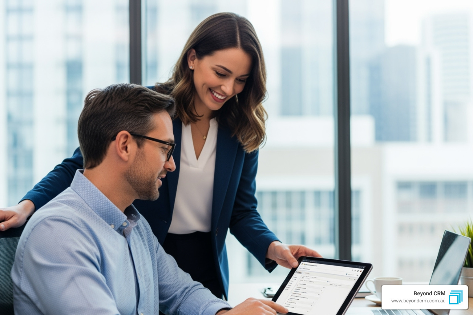 A friendly Beyond CRM consultant smiling and helping a client use Dynamics 365 on a tablet - Microsoft Dynamics 365 deployment
