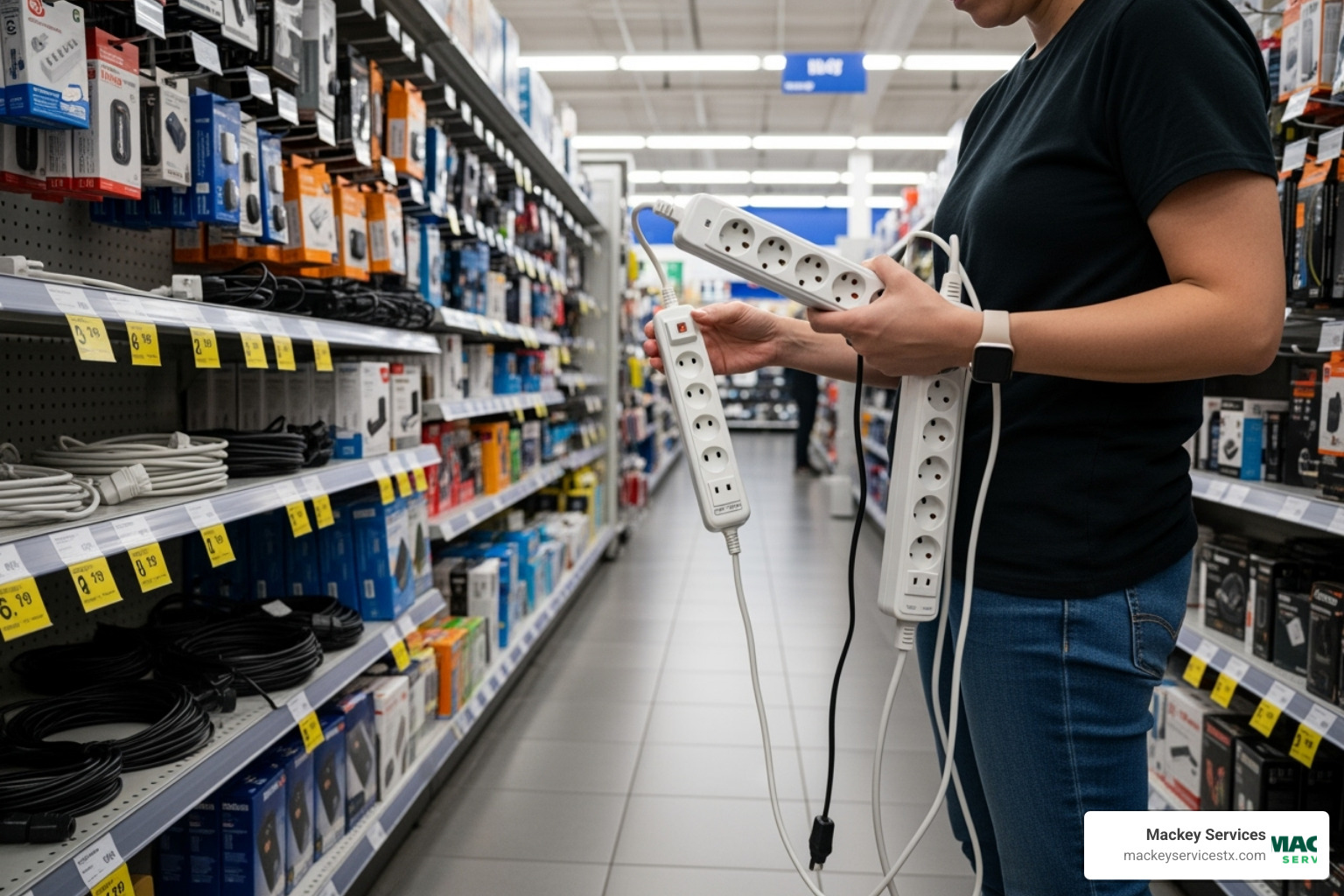 Person comparing two different surge protector strips in a store aisle - 220v surge protector