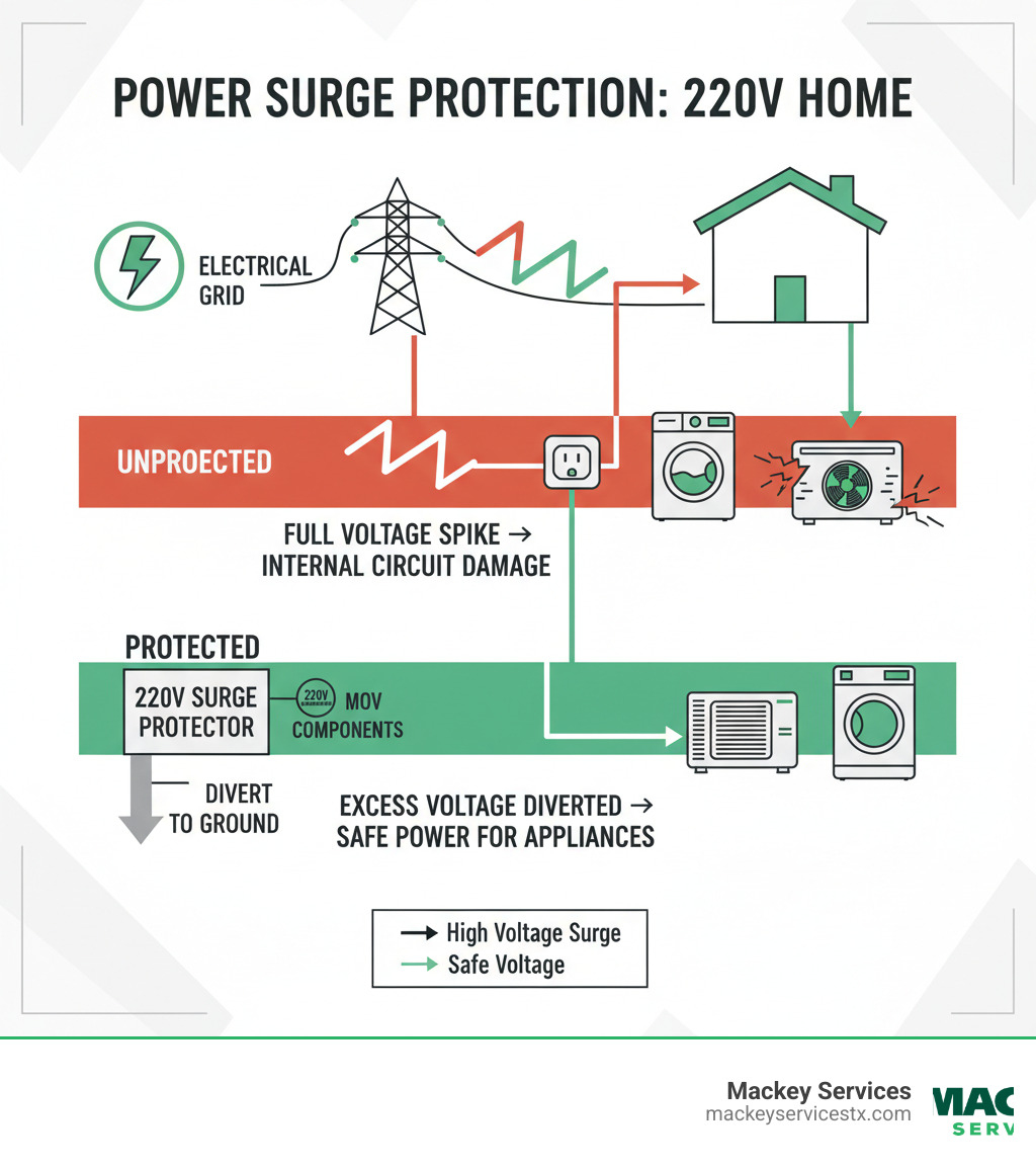 Infographic showing how a power surge travels from the electrical grid through power lines into a home, splitting into two scenarios: one path shows unprotected appliances receiving the full voltage spike causing damage to internal circuits, while the other path shows a 220V surge protector with MOV components diverting excess voltage to ground wire, allowing only safe voltage levels to reach connected appliances like HVAC systems and electric dryers - 220v surge protector infographic 