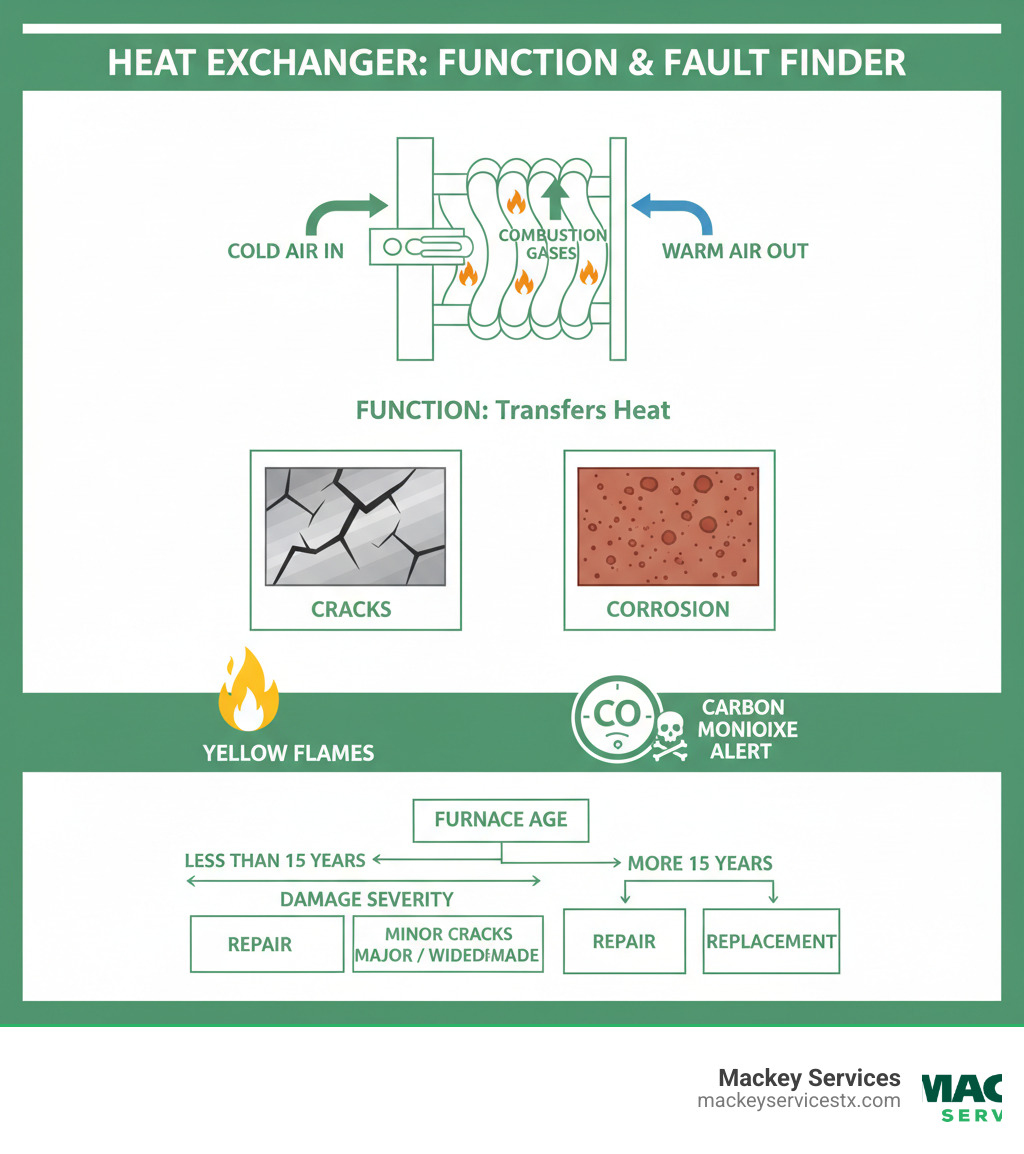 infographic showing heat exchanger function, common failure points including cracks and corrosion, warning signs like yellow flames and carbon monoxide alerts, and the decision tree for repair versus replacement based on furnace age and damage severity - heat exchanger repair infographic 