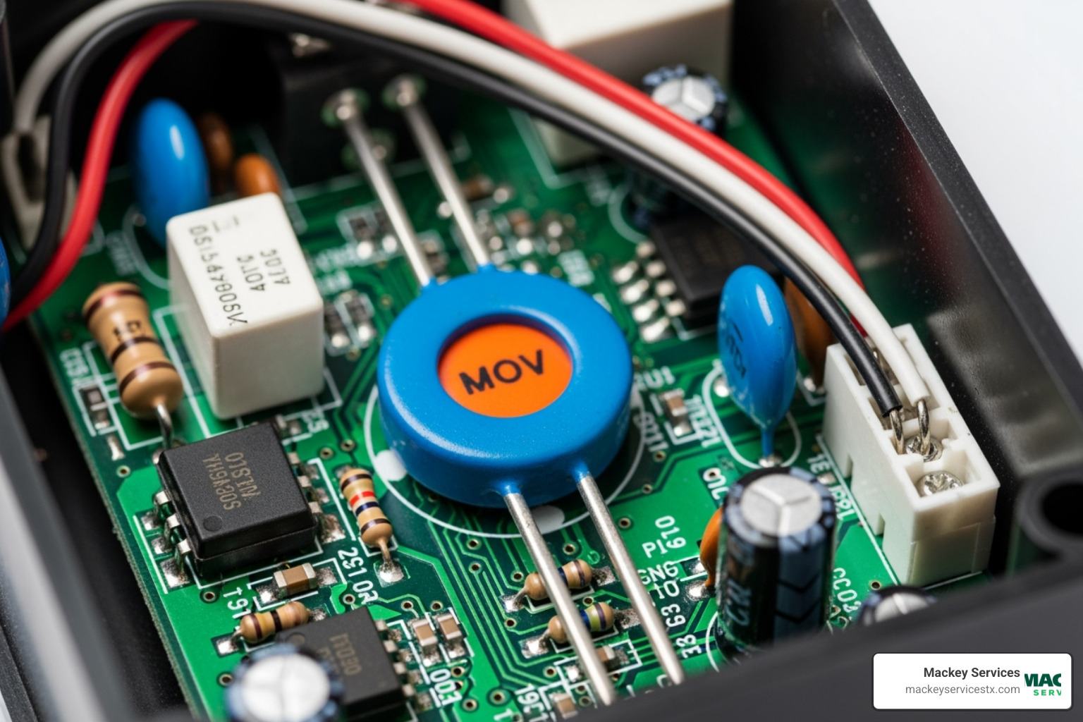 Internal components of a surge protector, highlighting the MOV - 220v surge protector