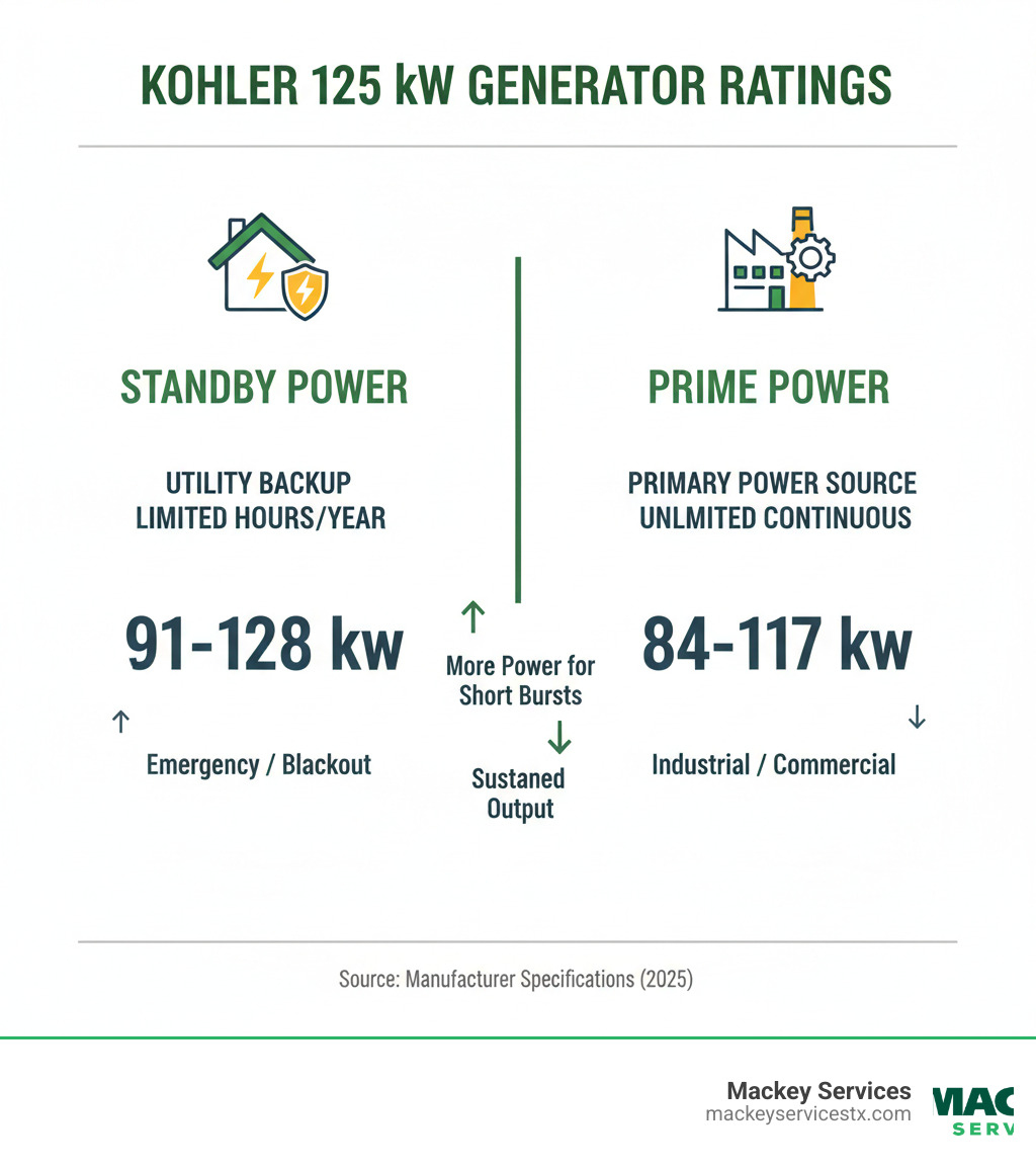 Infographic comparing standby power versus prime power ratings for Kohler 125 kW generators, showing standby power as utility backup for limited hours per year at 91-128 kW, and prime power as primary power source for unlimited continuous operation at 84-117 kW, with icons representing emergency backup applications versus continuous industrial use - kohler 125 kw generator infographic 