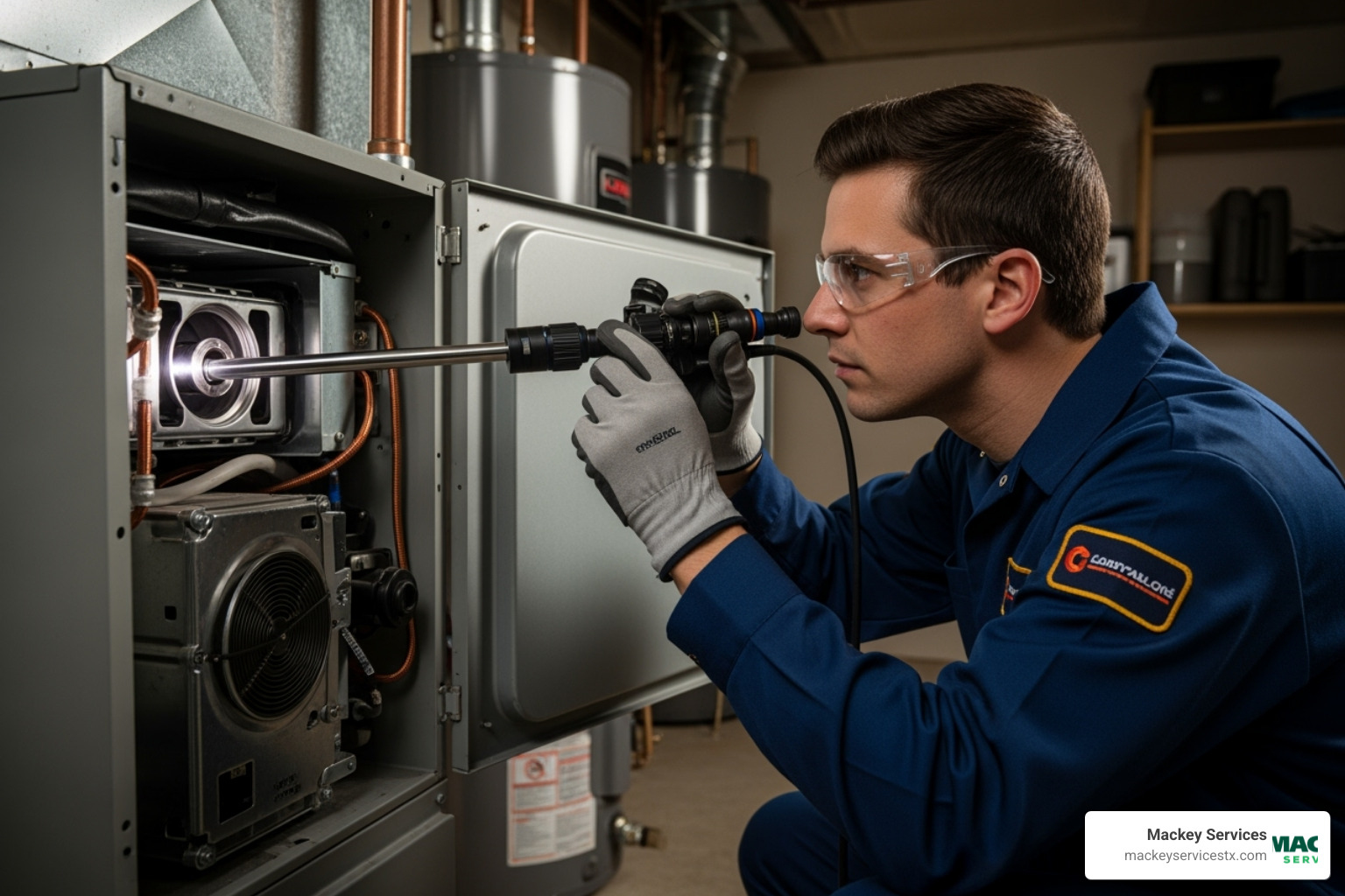 technician inspecting furnace interior - heat exchanger repair