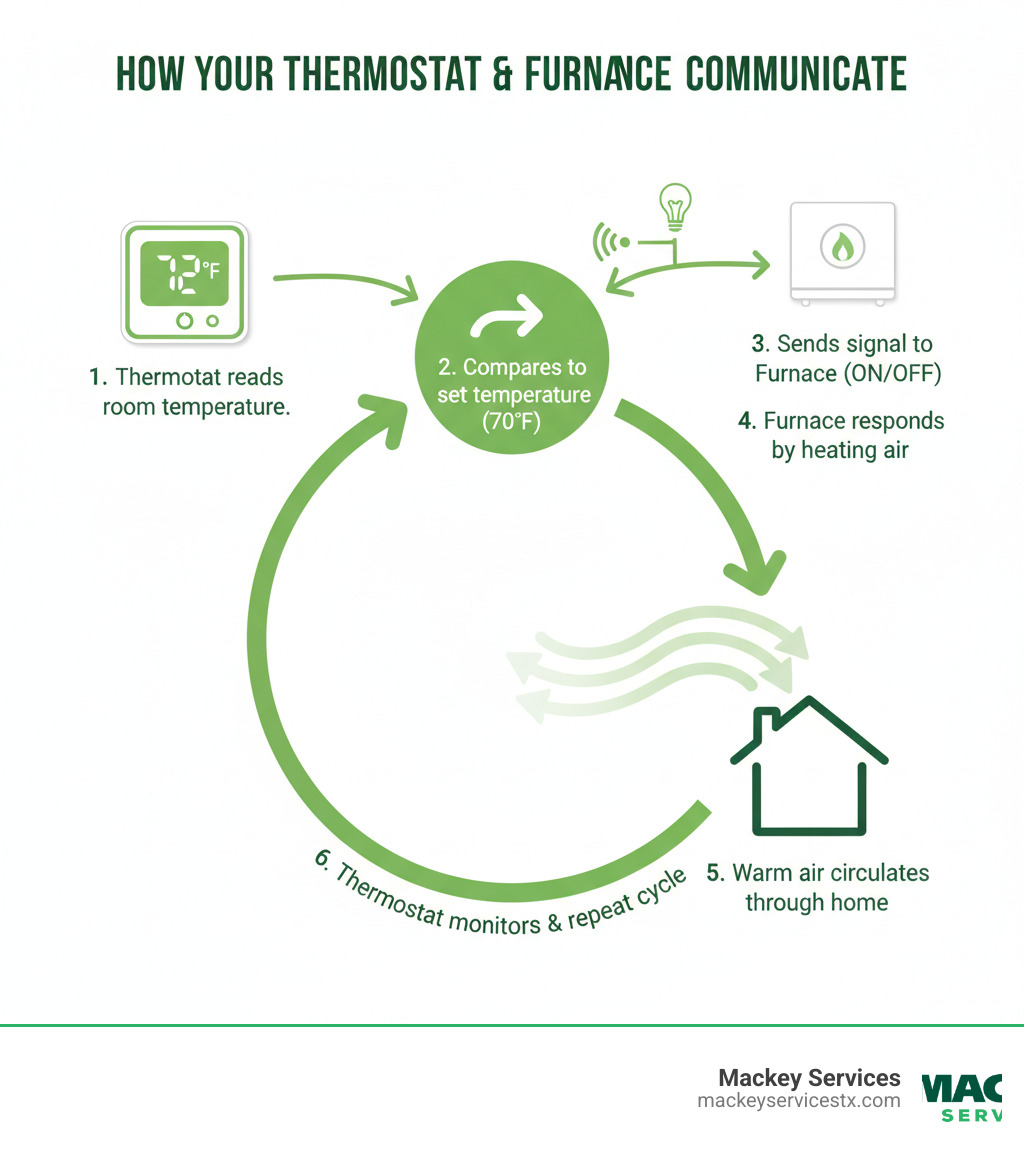 Infographic showing how a thermostat communicates with a furnace: thermostat reads room temperature, compares to set temperature, sends signal to furnace to turn on or off, furnace responds by heating air, warm air circulates through home, thermostat monitors and repeats cycle - furnace thermostat infographic 