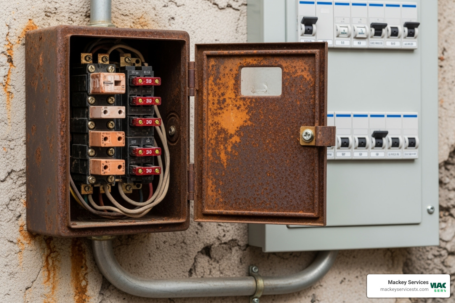 of an old, rusted fuse box next to a new breaker panel - Residential electric panel upgrade of an old, rusted fuse box next to a new breaker panel - Residential electric panel upgrade