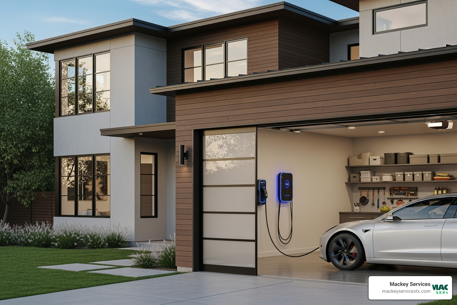modern home with an EV charger in the garage - Residential electric panel upgrade modern home with an EV charger in the garage - Residential electric panel upgrade