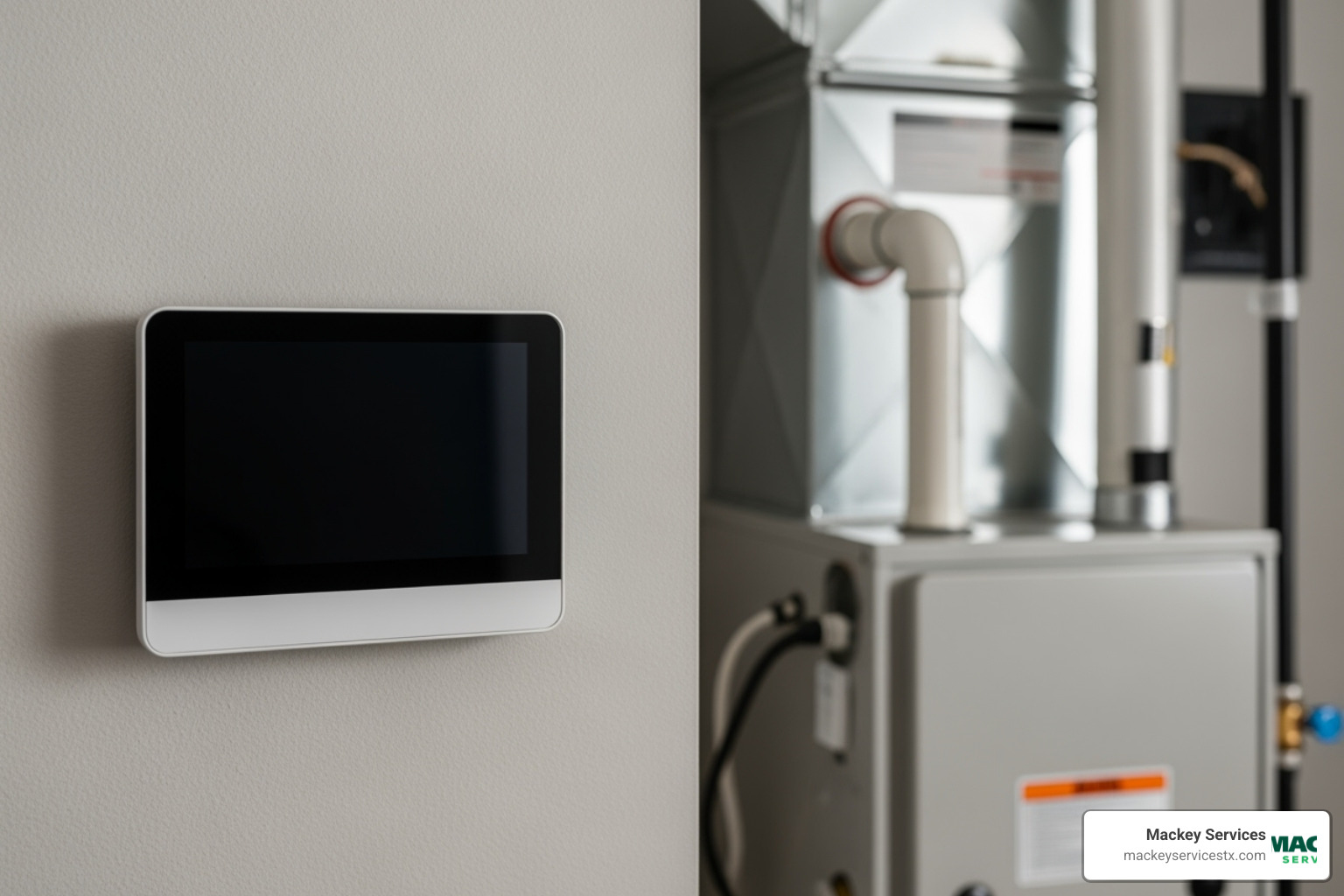 a thermostat with a blank screen next to a working furnace - furnace thermostat